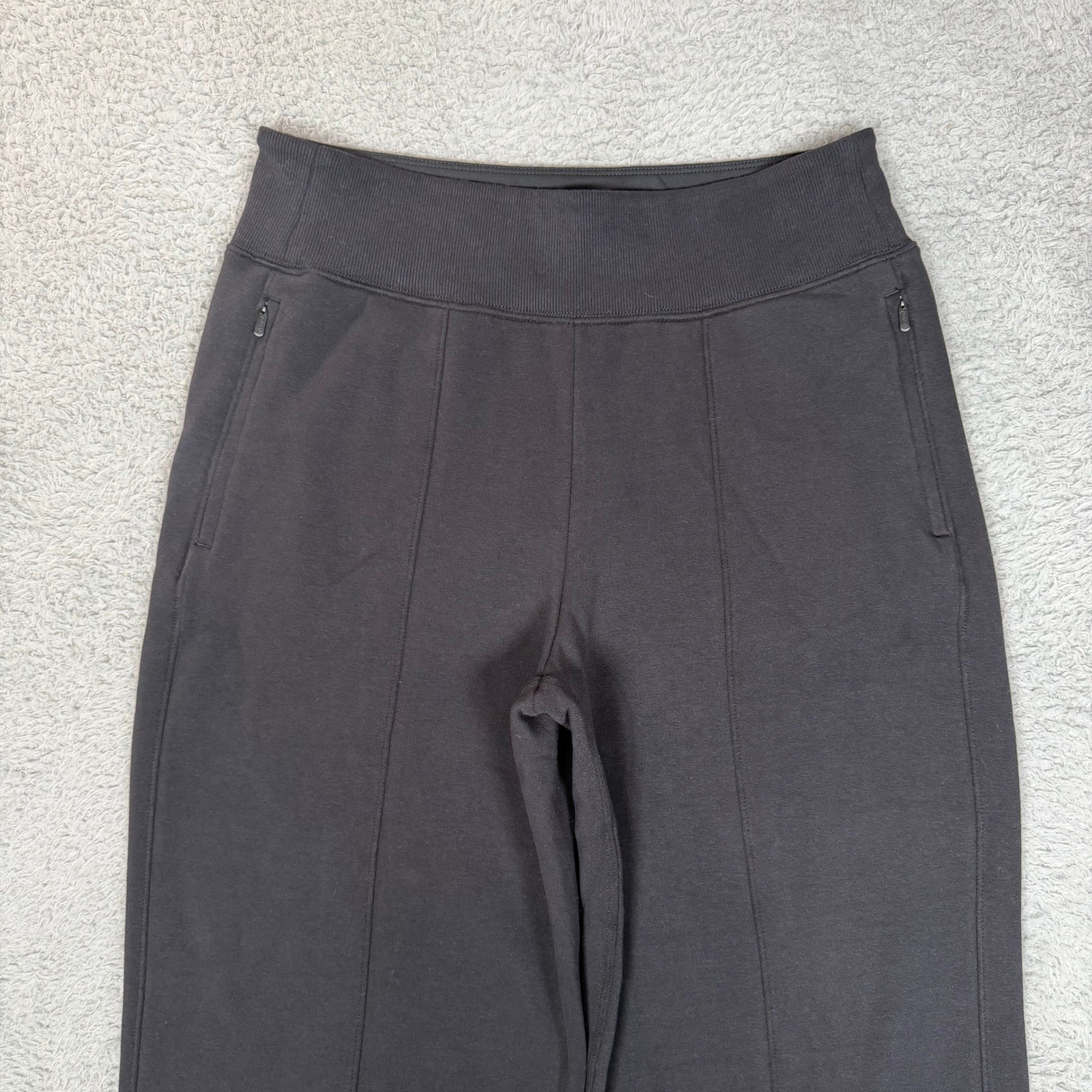 Athleta Seamed Wide Leg Fleece Pants Black High Rise Side Zip Pockets Womens M