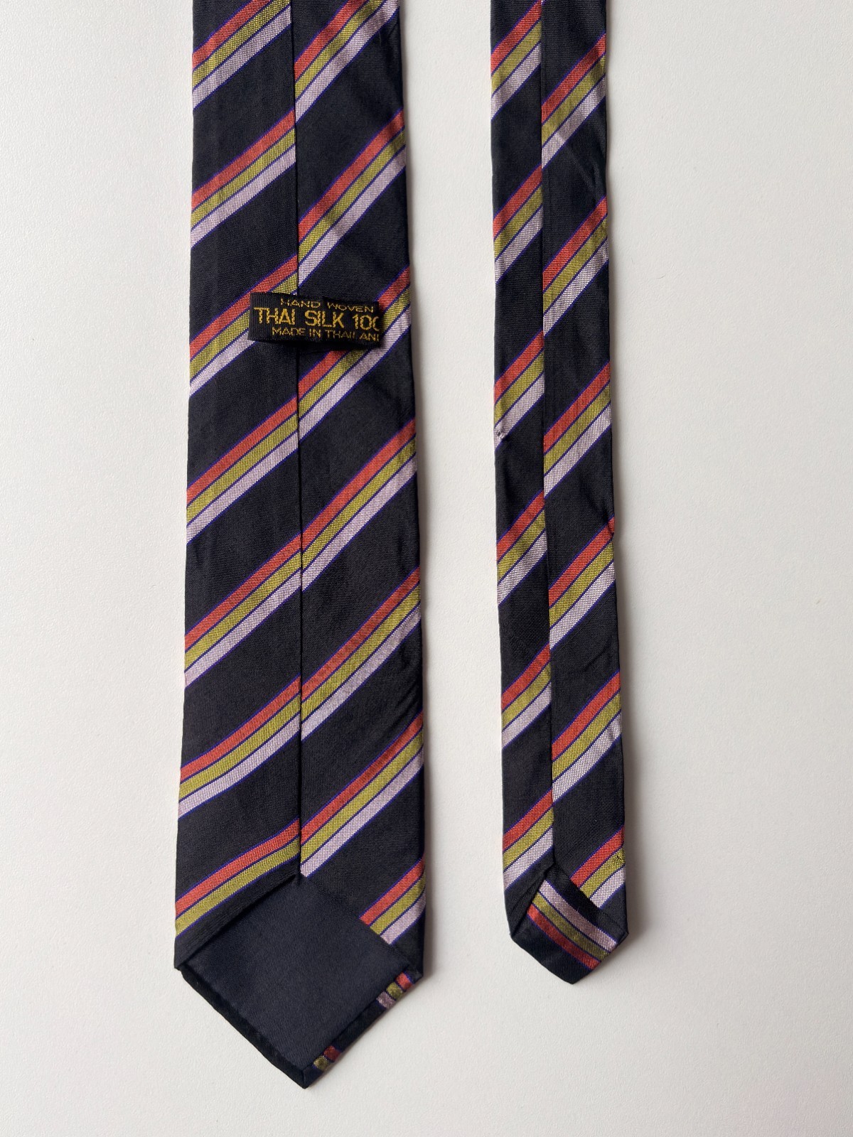 THAI SILK Tie, 100% Silk, Handmade, Thailand, Navy with Red & Gold Stripes, 1016
