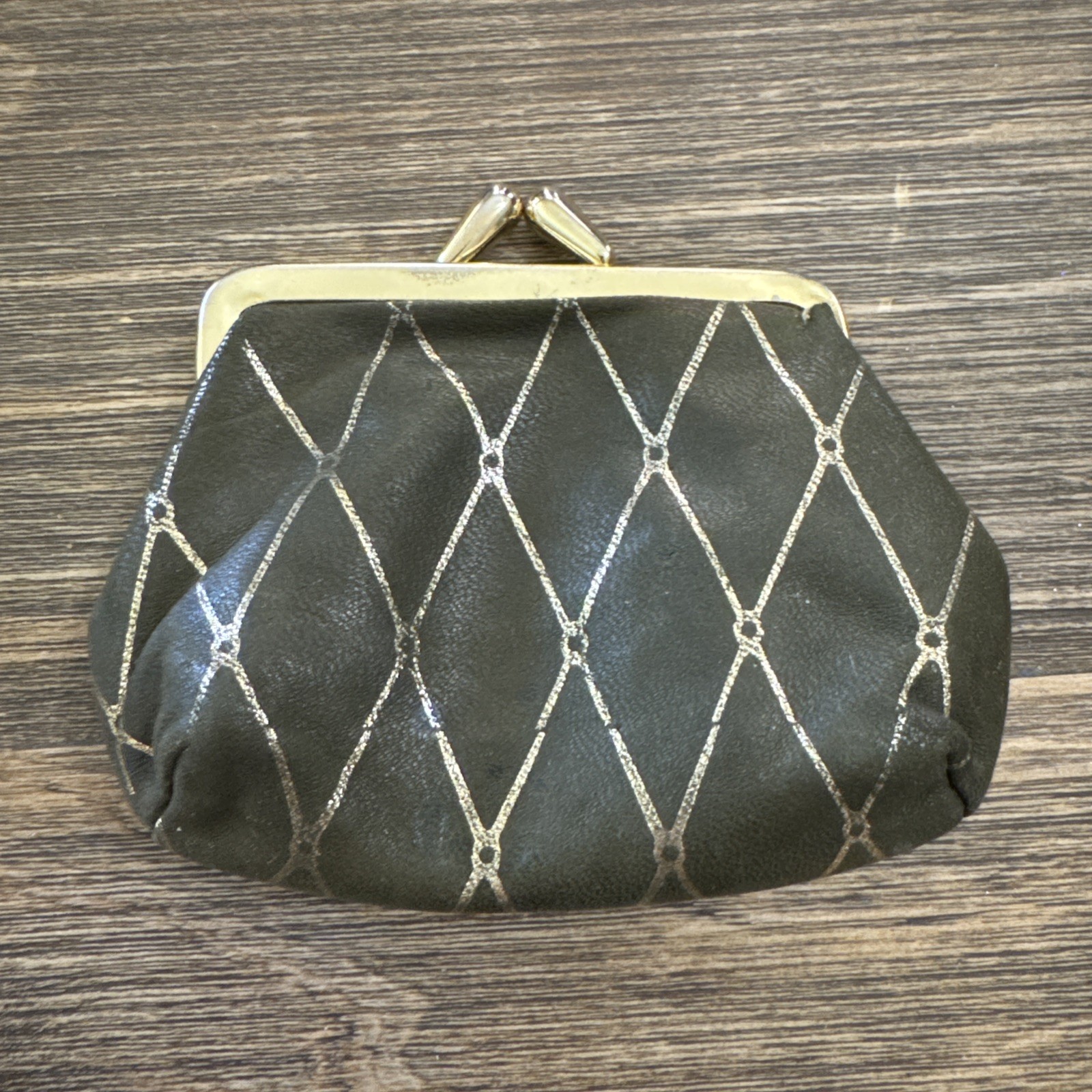 Leather Double Kiss Lock Coin Change Purse Dark Olive Green West Germany Vintage