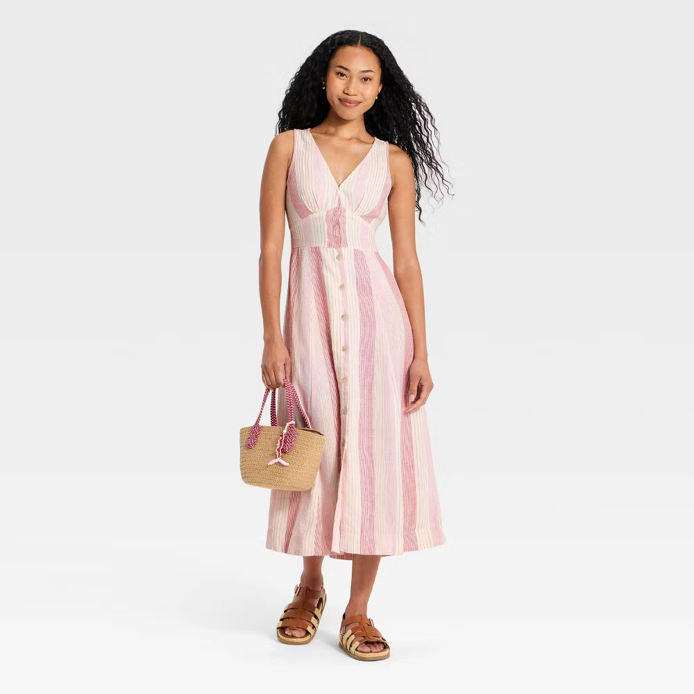Women Woven Button-Front Midi Sundress – Universal Thread™ Pink Striped L