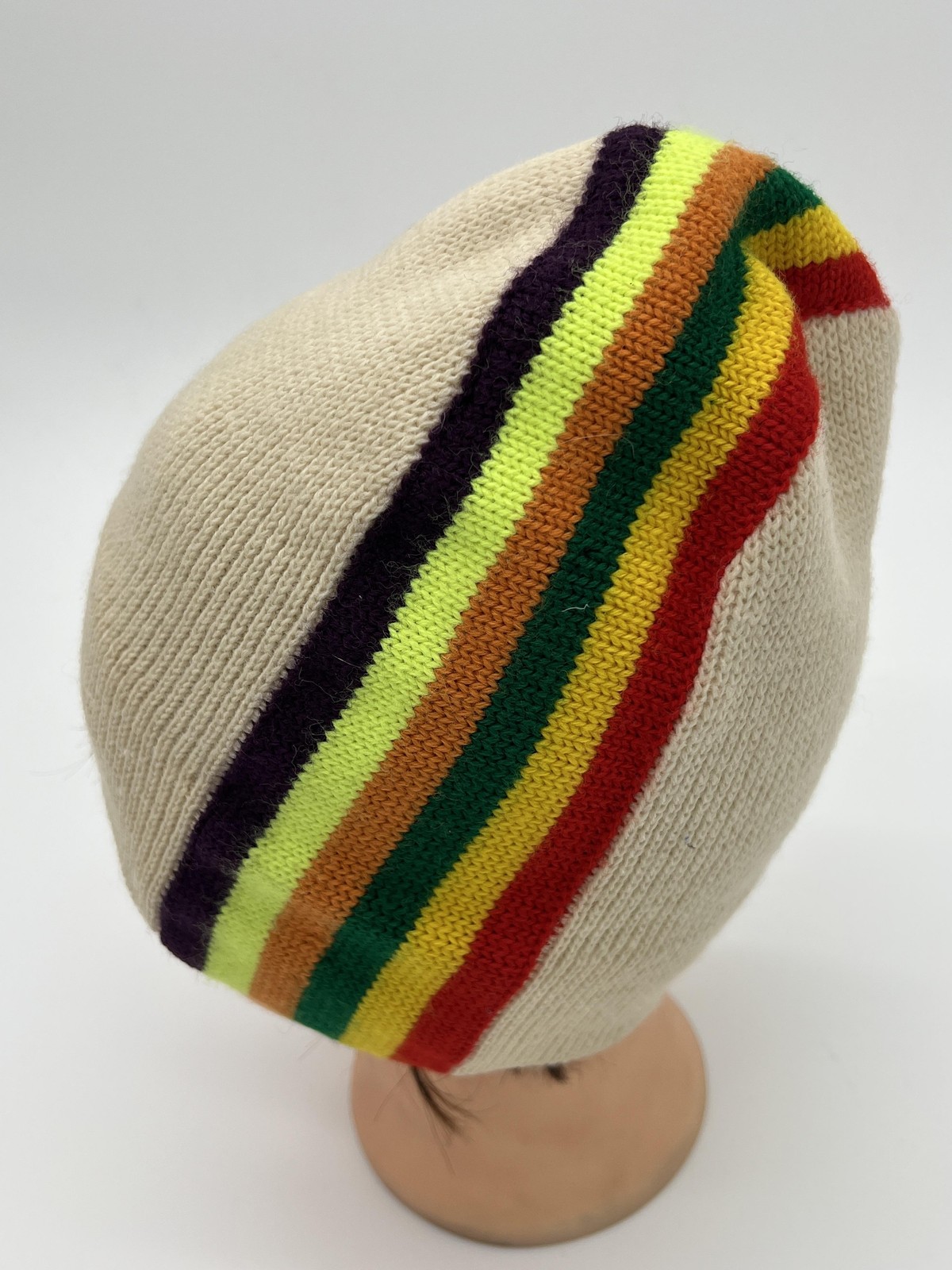 Vintage Eisbar Wool Hat Beanie Mens Beige Knit West Germany 70s 80s Ski Rainbow