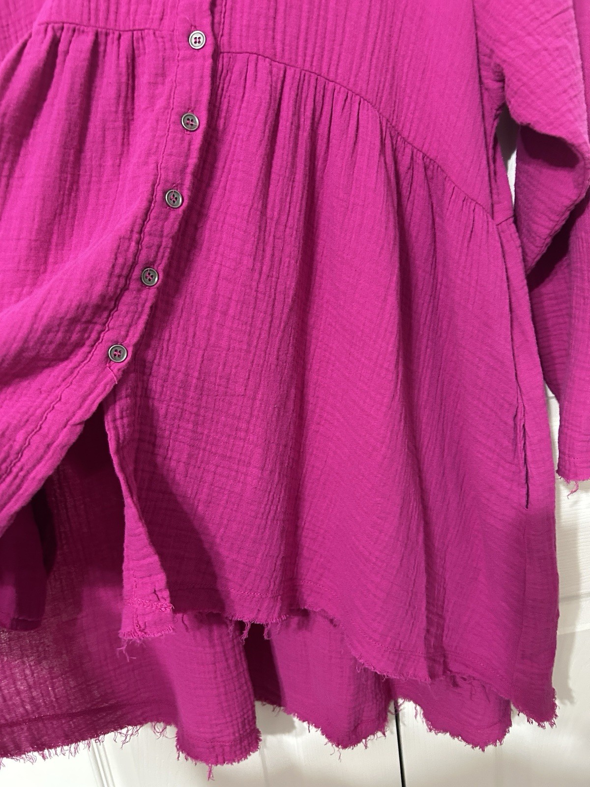 ZENANA Muslin Gauze Button Down Shirt Tunic Magenta Purple Cotton Pockets Size L