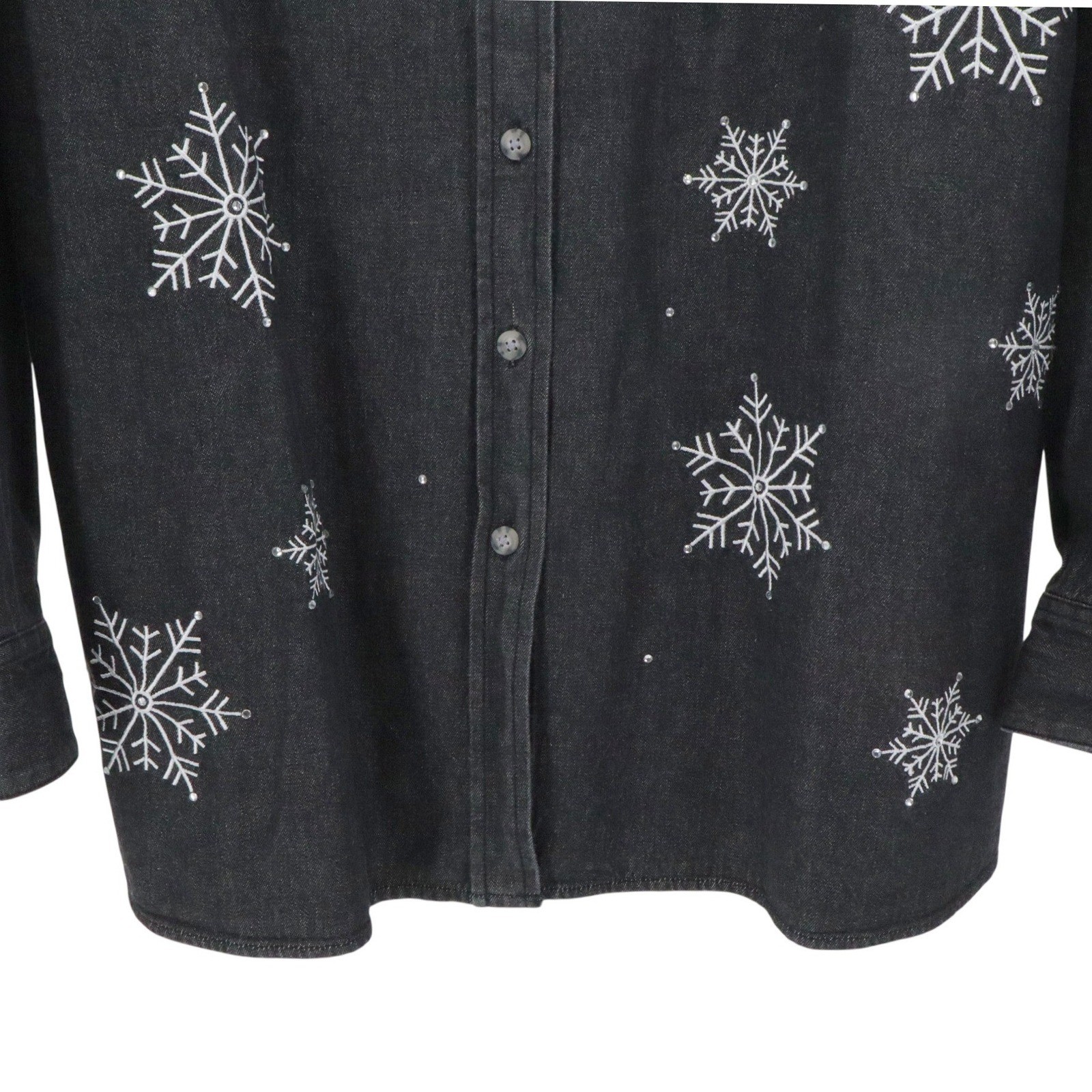 Quacker Factory Womens 2X Black Denim Snowflake Embroidered Shirt Button Covers