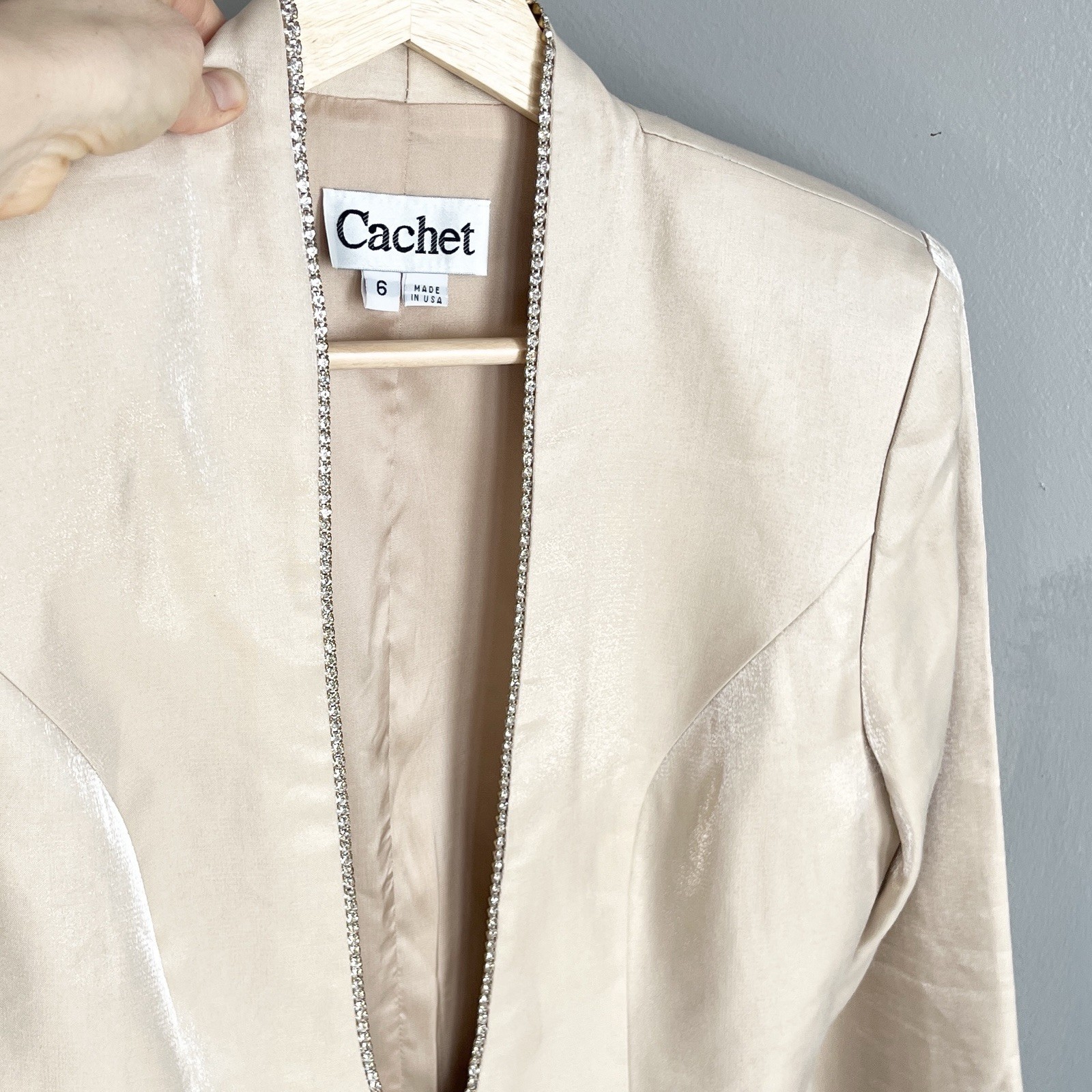 Vintage Cachet Blazer Jacket Beige Tan One Button Rhinestone Satin USA Made 6