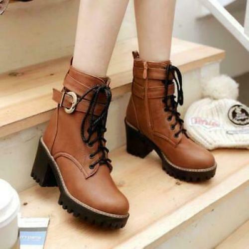 Womens Buckle Lace up High Chunky Heel Platform Round Toe Ankle Boots Shoes Hot