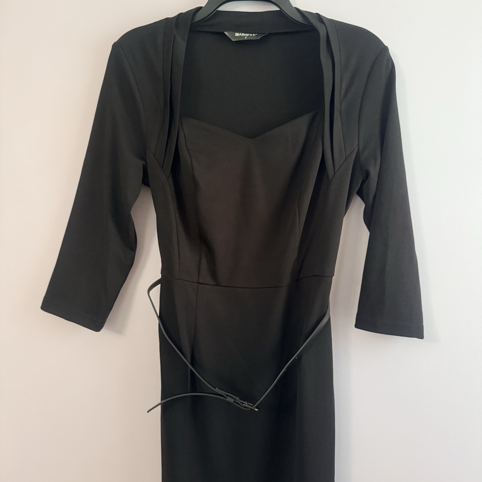 Allegra K Women Black Solid Sheath Knee Dress Sweetheart 3/4 Sleeve Belted S