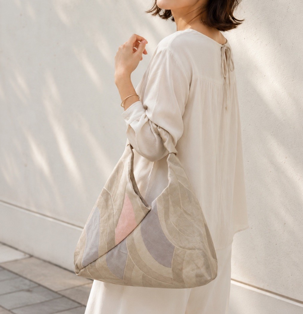 Vintage Japanese Obi Handbag Pearl Beige Geometric Silk Azuma Bukuro Bag