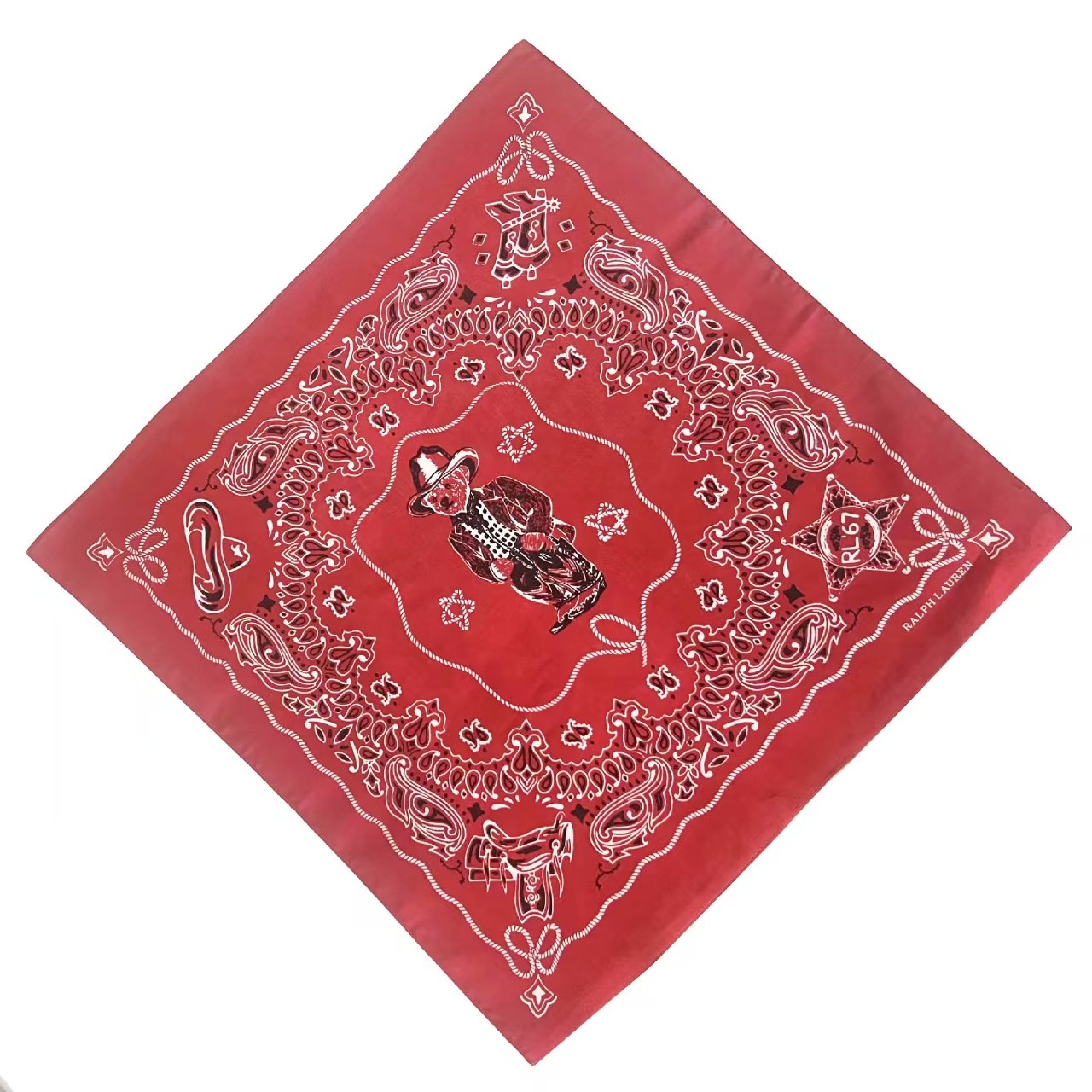 Vintage Western Cowboy Bear Red Cotton Bandana Scarf Paisley Sheriff Star Motif