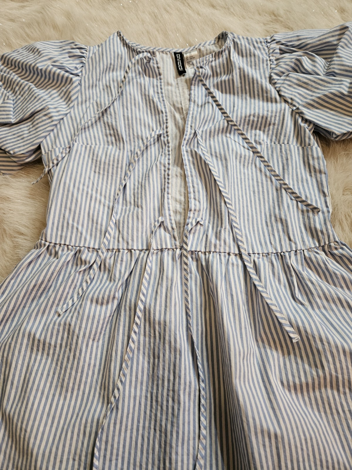 H&M Divided Blue White Striped Puff Short Sleeve Tie Front Mini Dress Size XXS