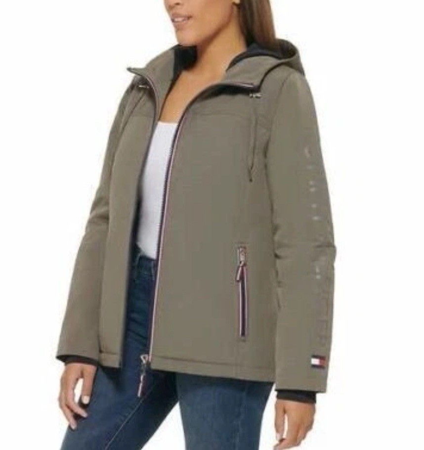Tommy Hilfiger Ladies’ Lined Jacket Grey Size XL Logo Hooded Winter Coat