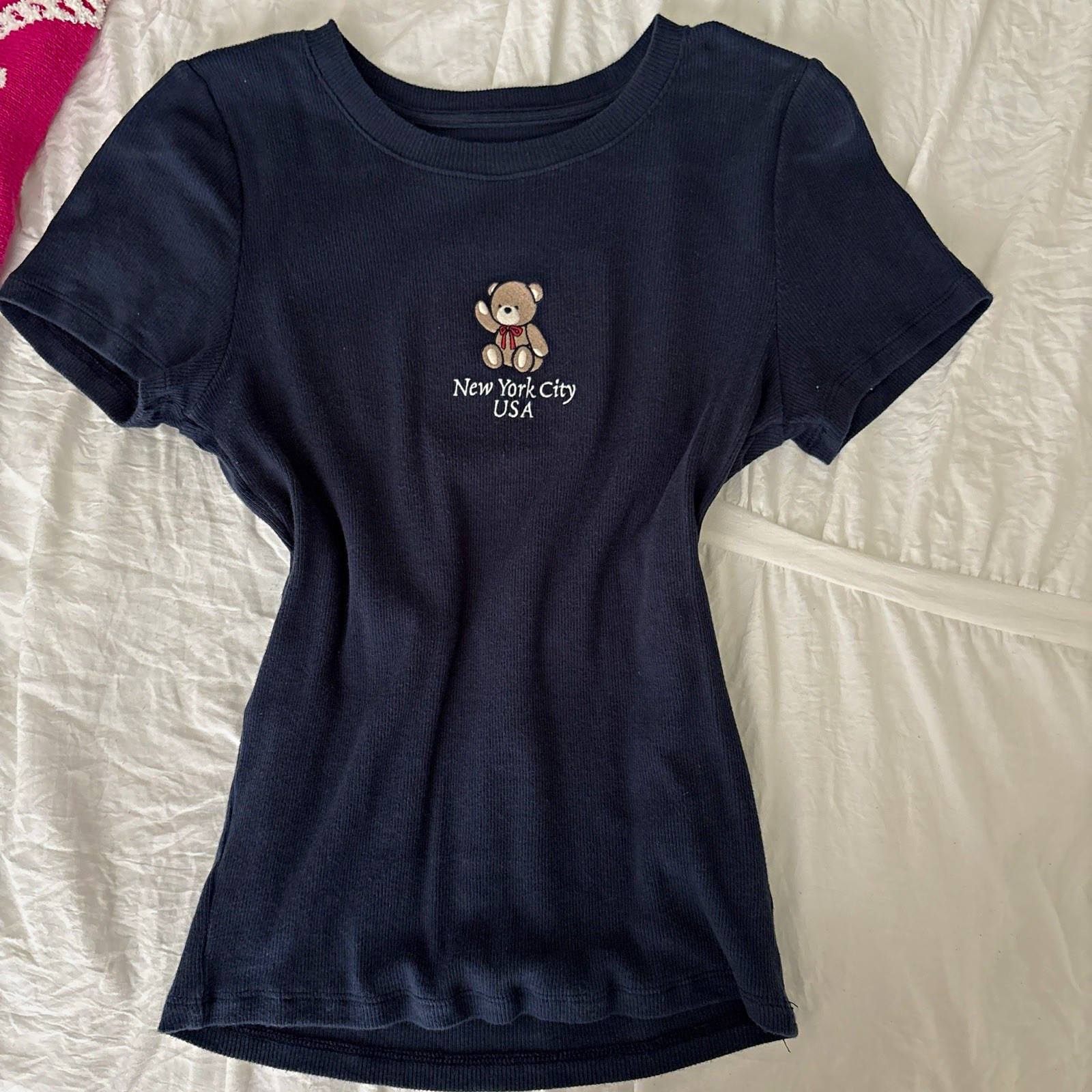 Hollister Womens Navy Ribbed Knit Tee Embroidered Teddy Bear NYC Crew Neck M