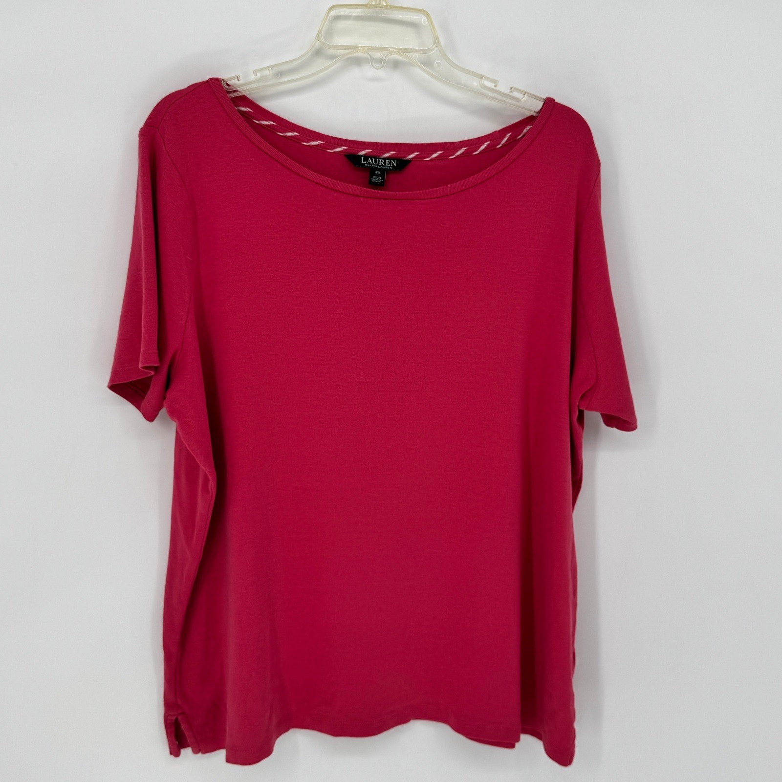 Lauren Ralph Lauren Pink Boat Neck Short Sleeve Top Monogram Sleeve Pocket 2X