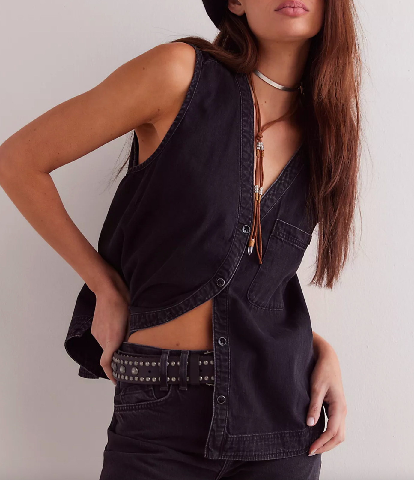 NEW FREE PEOPLE WE THE FREE WASHED BLACK DENIM SOUTH SIDE VEST TOP SZ XS