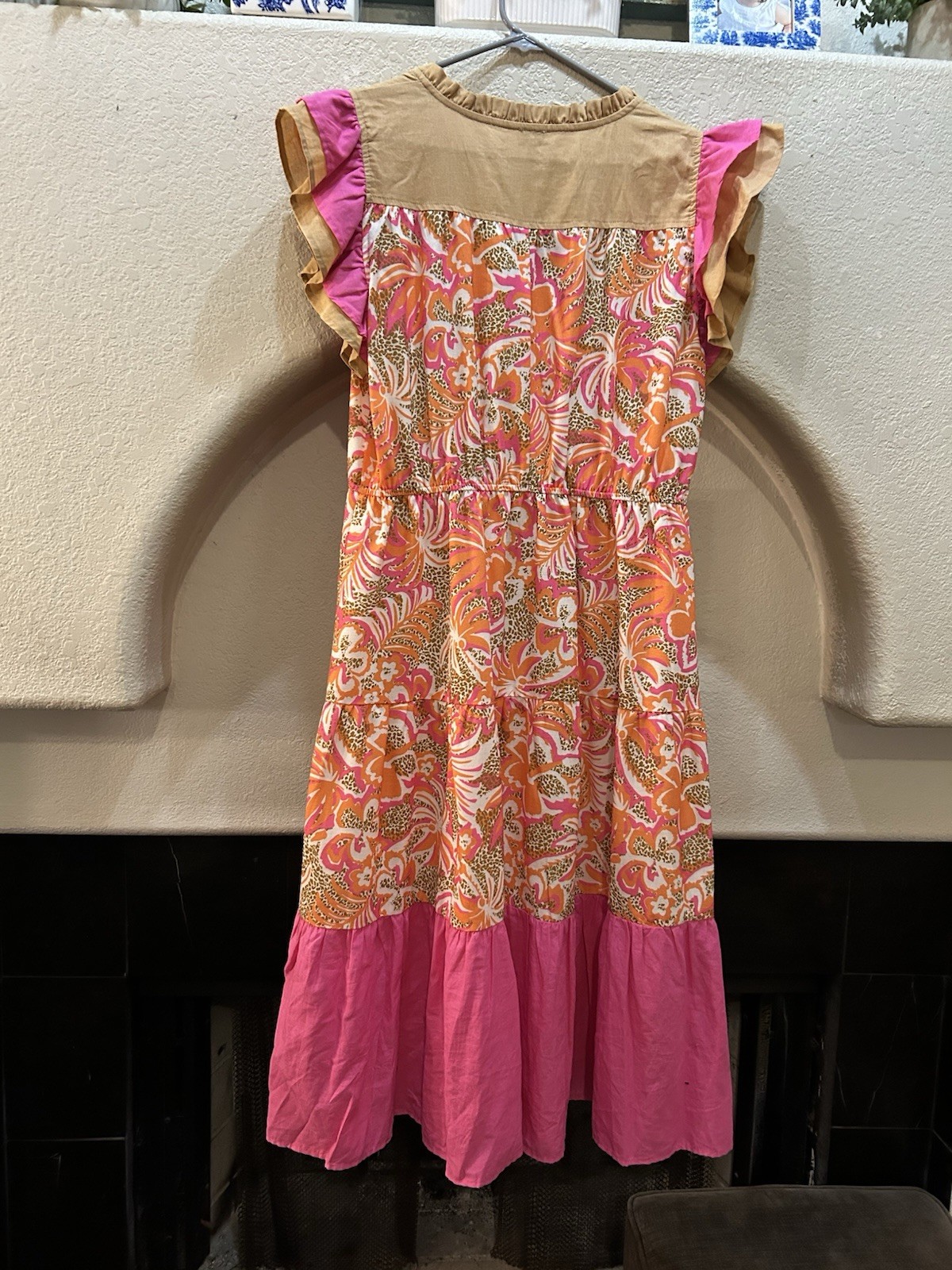 VOY Women’s L V-Neck Floral Ruffle Sleeve A-Line Knee Dress Pink Orange