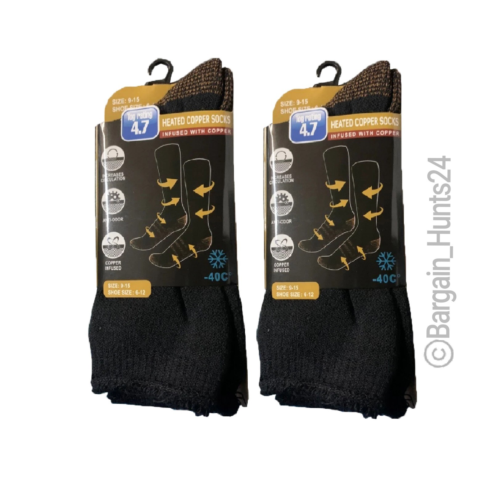 2 Pairs Goldstar Heated Copper Socks Black Athletic Relief Travel Running Energy