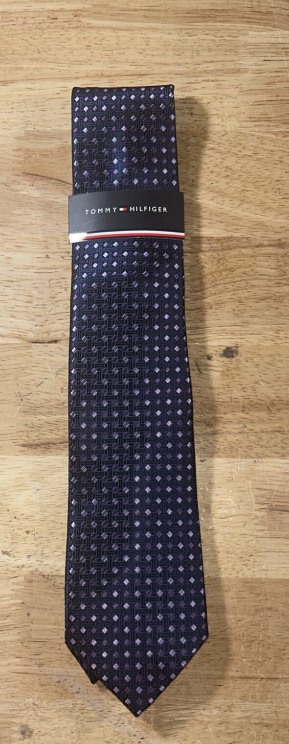 Tommy Hilfiger Men’s Polyester/Silk Tie Jacob Geo-Pattern Navy/Purple NEW!