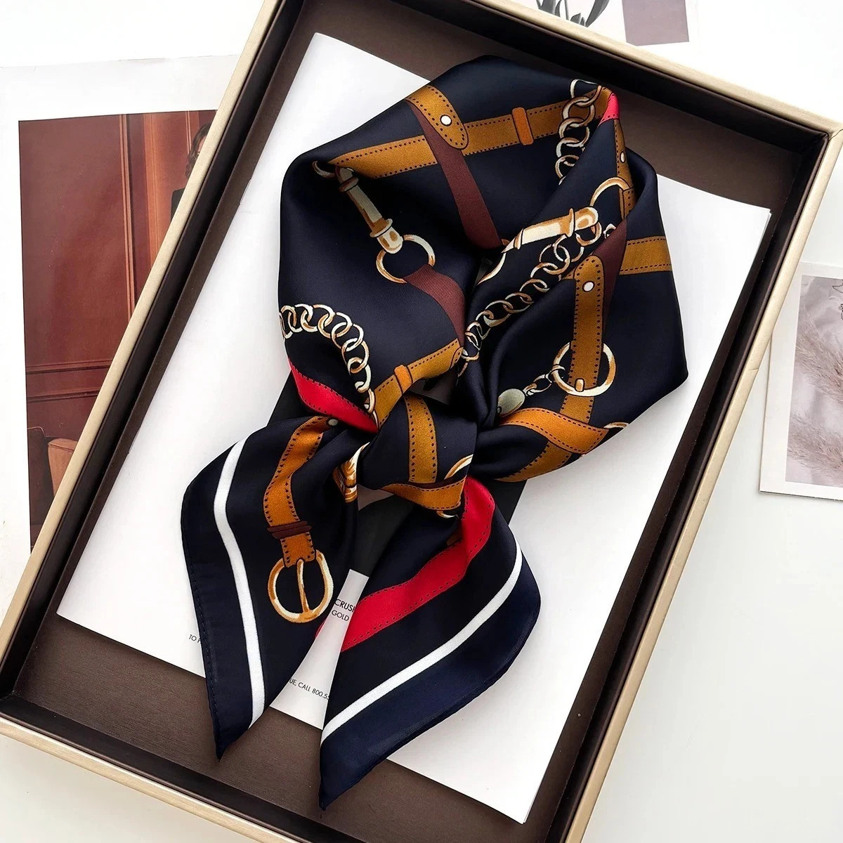 Navy Equestrian Belt & Chain Print Silk Feel Square Scarf 27.5×27.5″ FREE SHIPPI