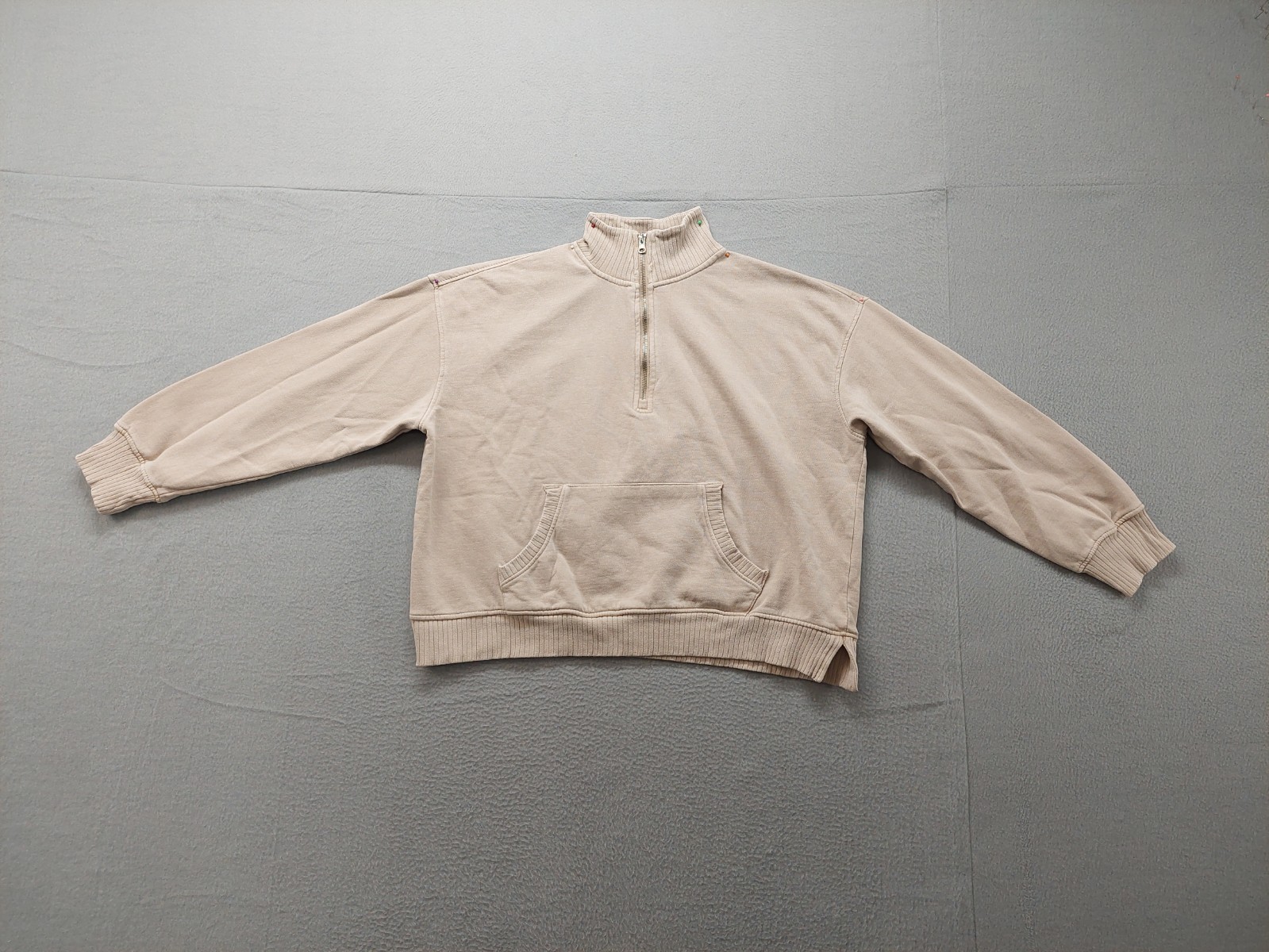 C&C California Women Sweatshirt L Beige Mock Neck 1/2 Zip Kangaroo Pocket Casual