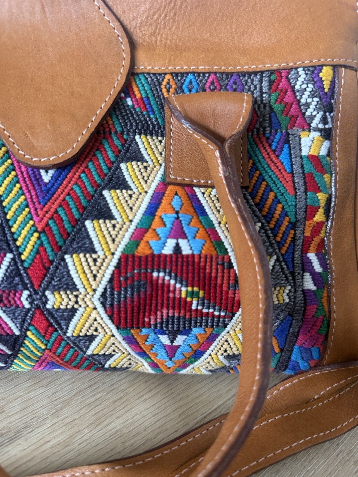 Brown Multicolor Geometric Satchel Top Handle Bag w/ Detachable Crossbody Strap