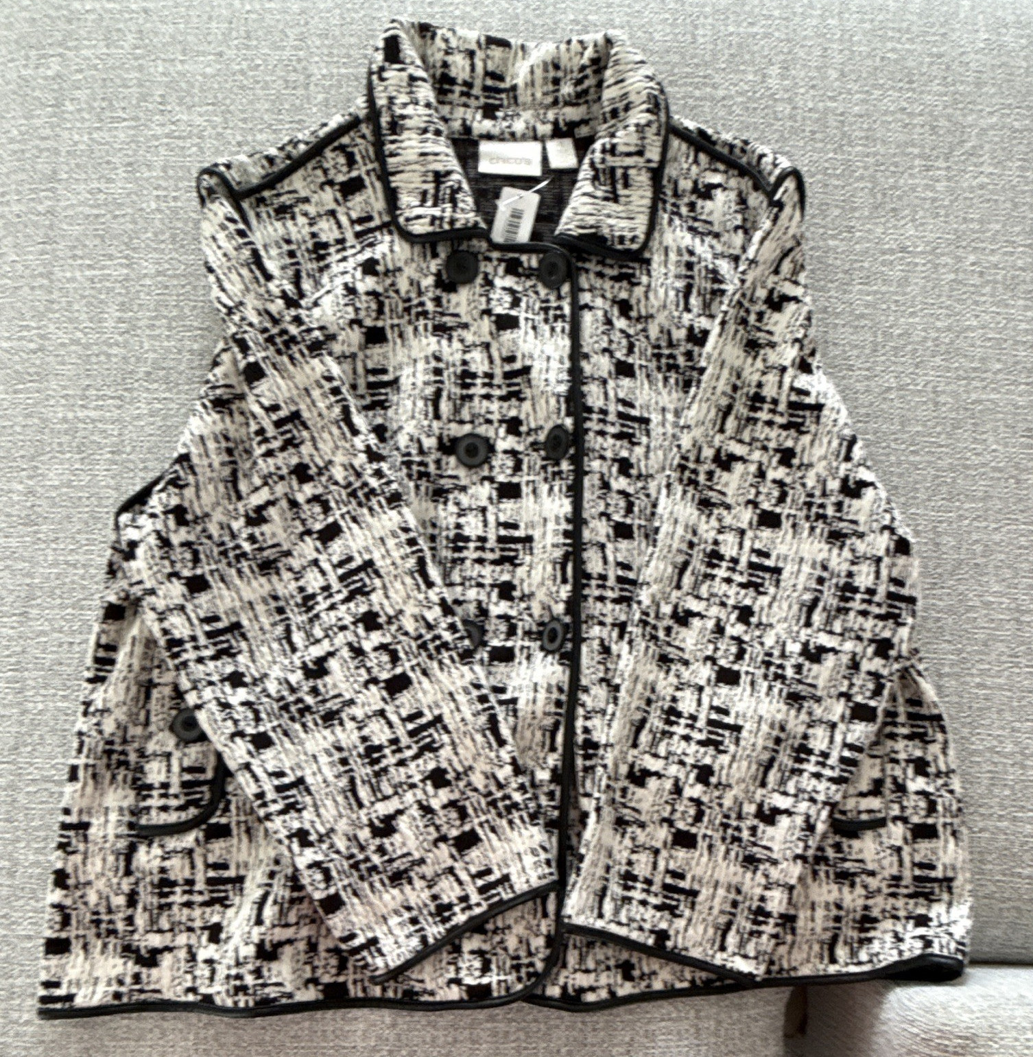 Chico’s Black & White Check Collared Button Front Lined Short Jacket Size 4