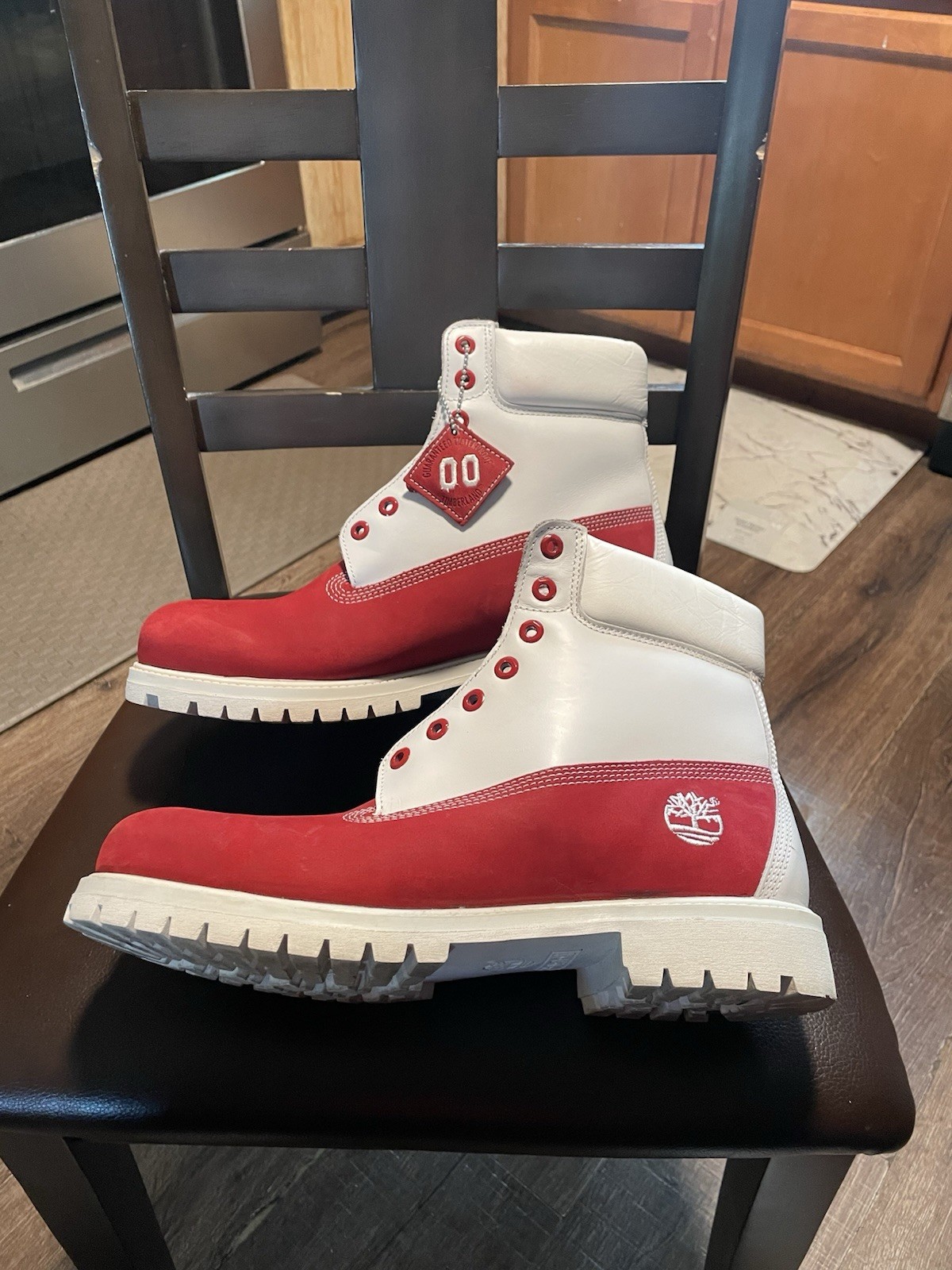 Custom made Timberland Men’s US 12 Work Boots Leather Colorblock Red/White Ankle