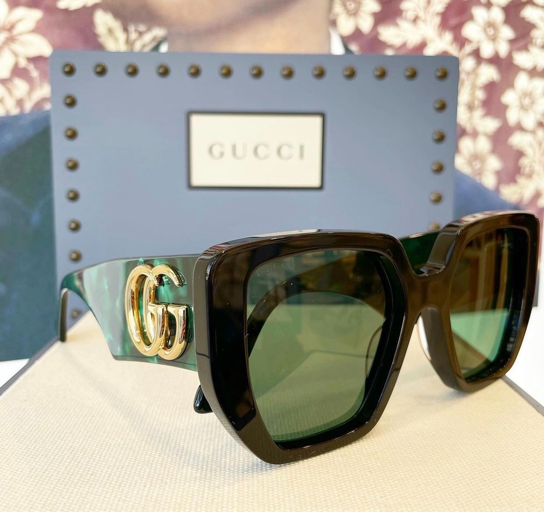 New Gucci GG0956S Oversized Geometric Women’s Sunglasses Black/Green Lense