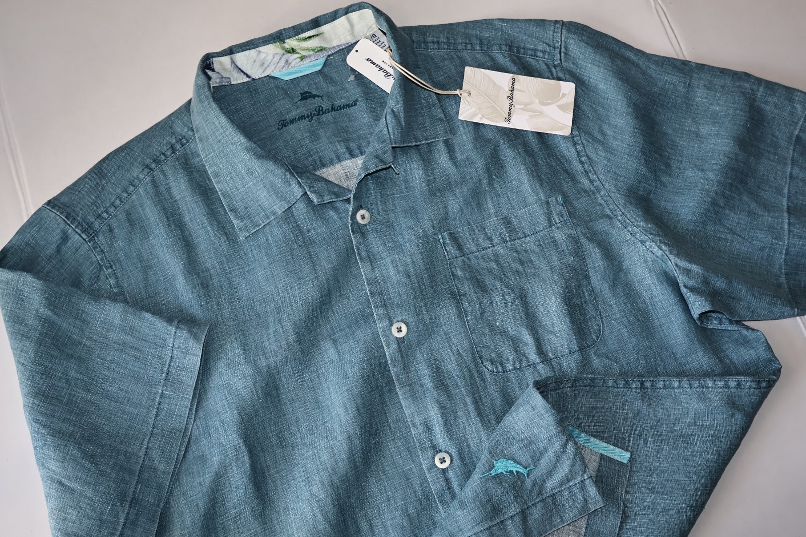 Tommy Bahama Camp Shirt Sea Glass Belle Blue Solid ST324636 SS New