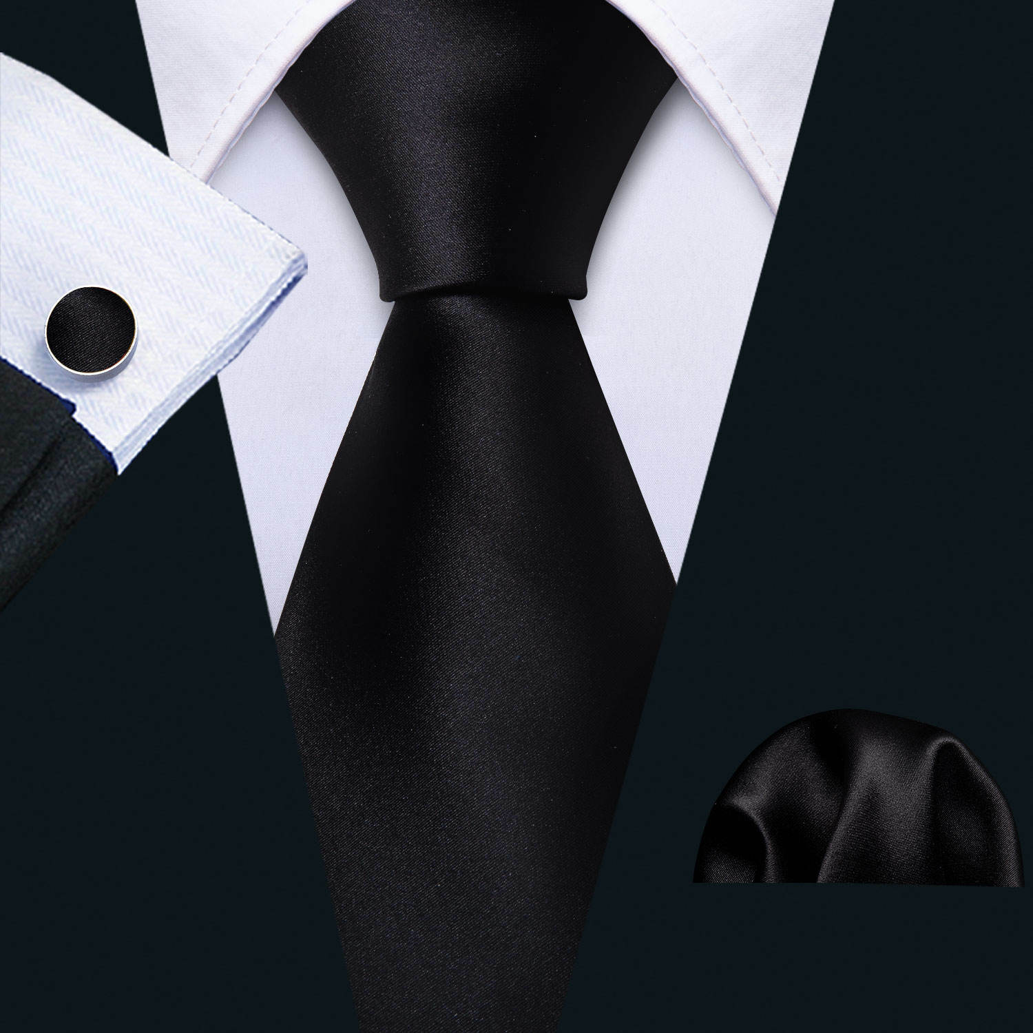 Black Necktie Set include Handkerchief and Cufflinks (by Hi-Tie)