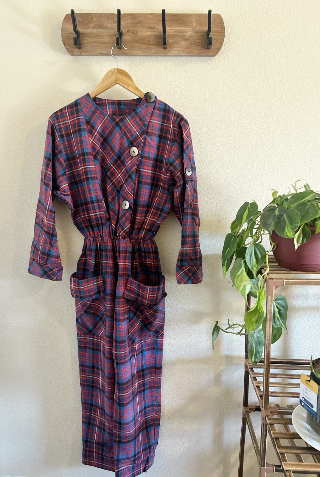 Vintage 1980s Mickaels Made in Paris France Tartan Plaid Mod Jumpsuit Sm/Med