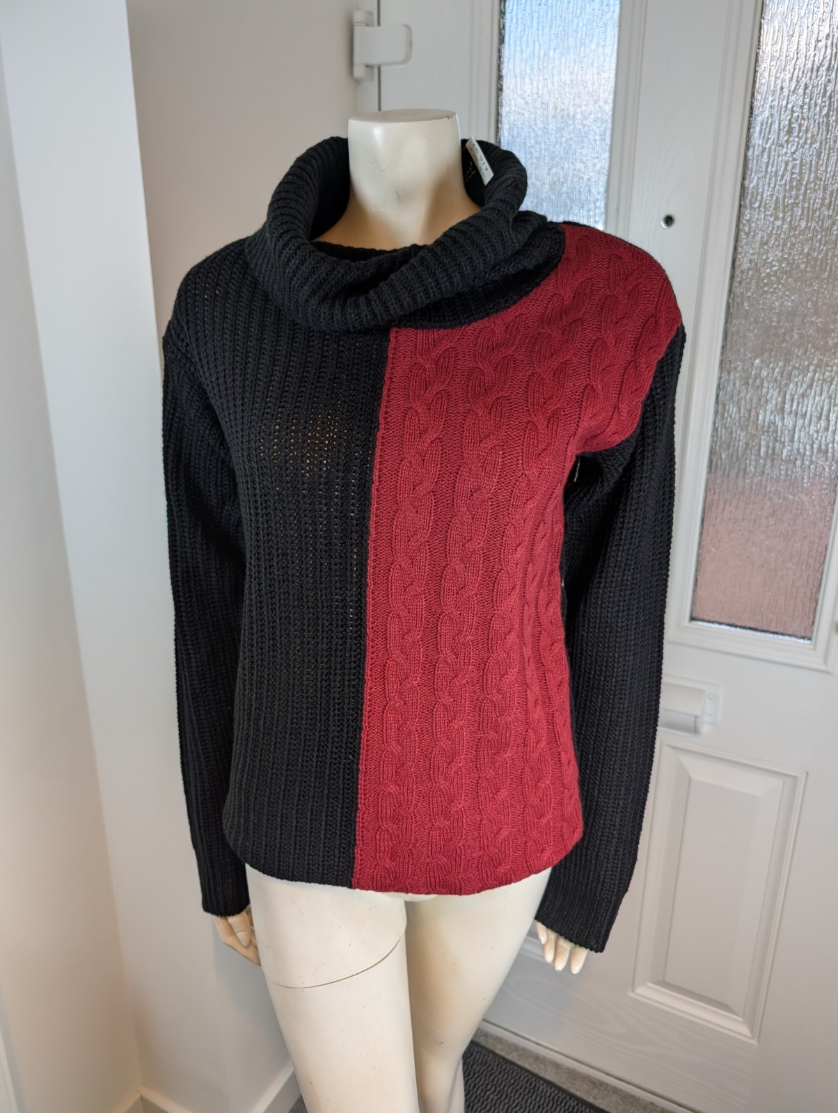 BNWT Select Berry Red & Black Color Block Cowl Neck Cable Knit Jumper Size M
