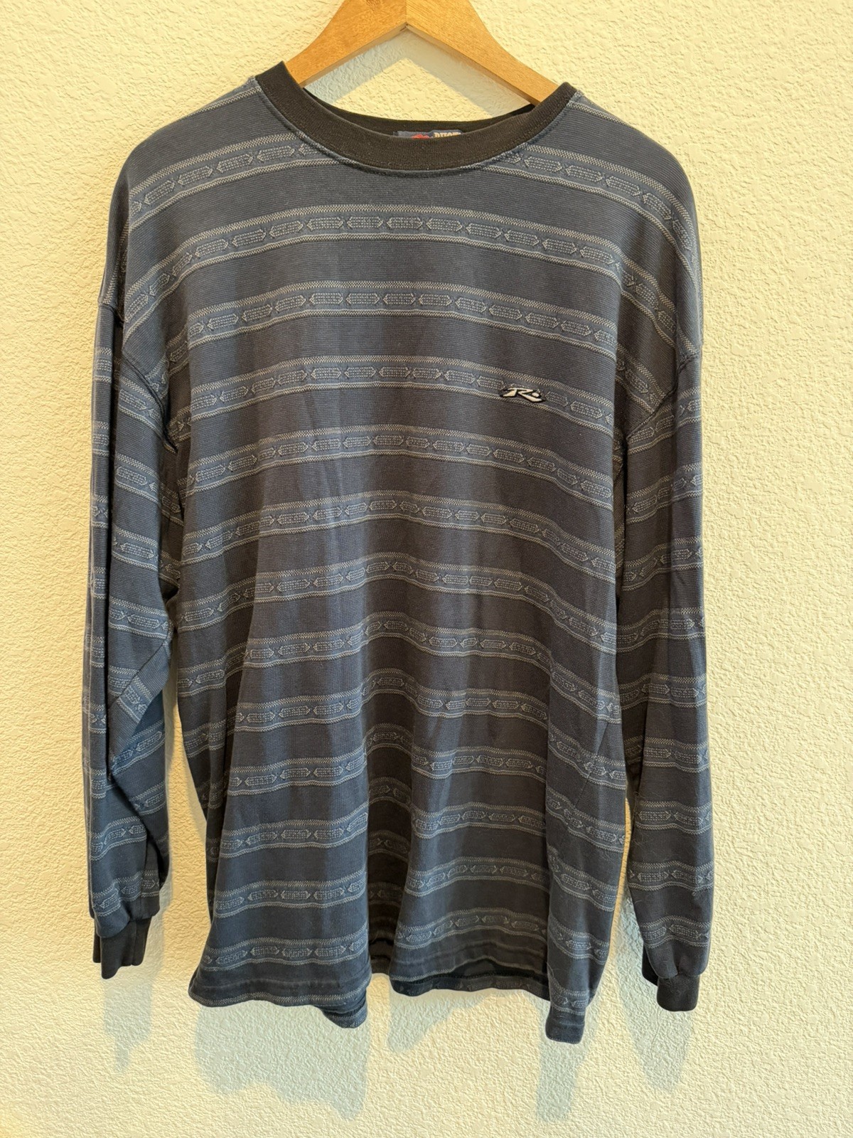 Vintage 90s Rusty Surf Style Patterned Striped Long Sleeve XL Blue Skate Grunge