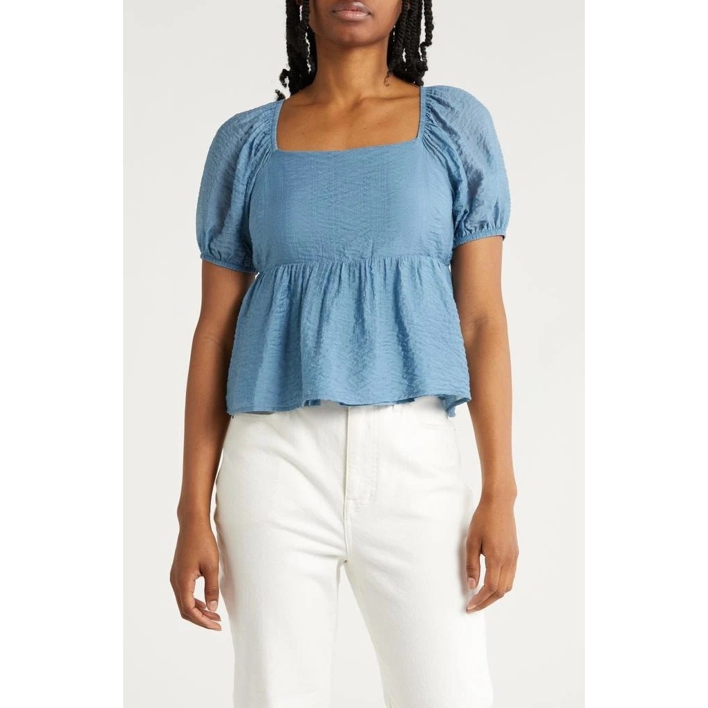 Melrose & Market Blue Open Back Peplum Blouse Puff Sleeve Tie Back Top Women M