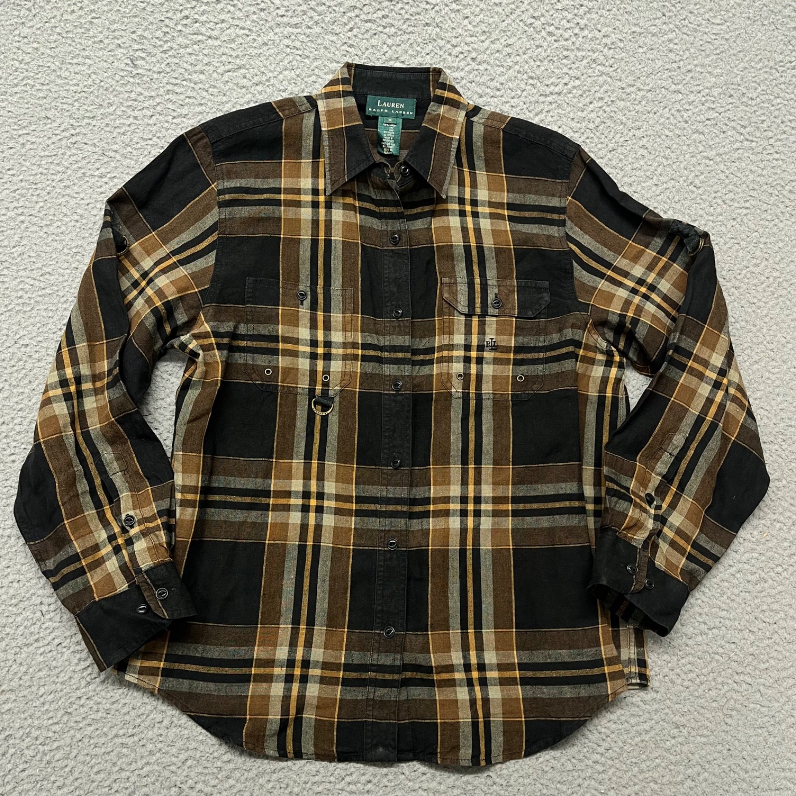 Lauren Ralph Lauren Top Womens M Brown Plaid Linen Roll Tab Sleeve Old Money