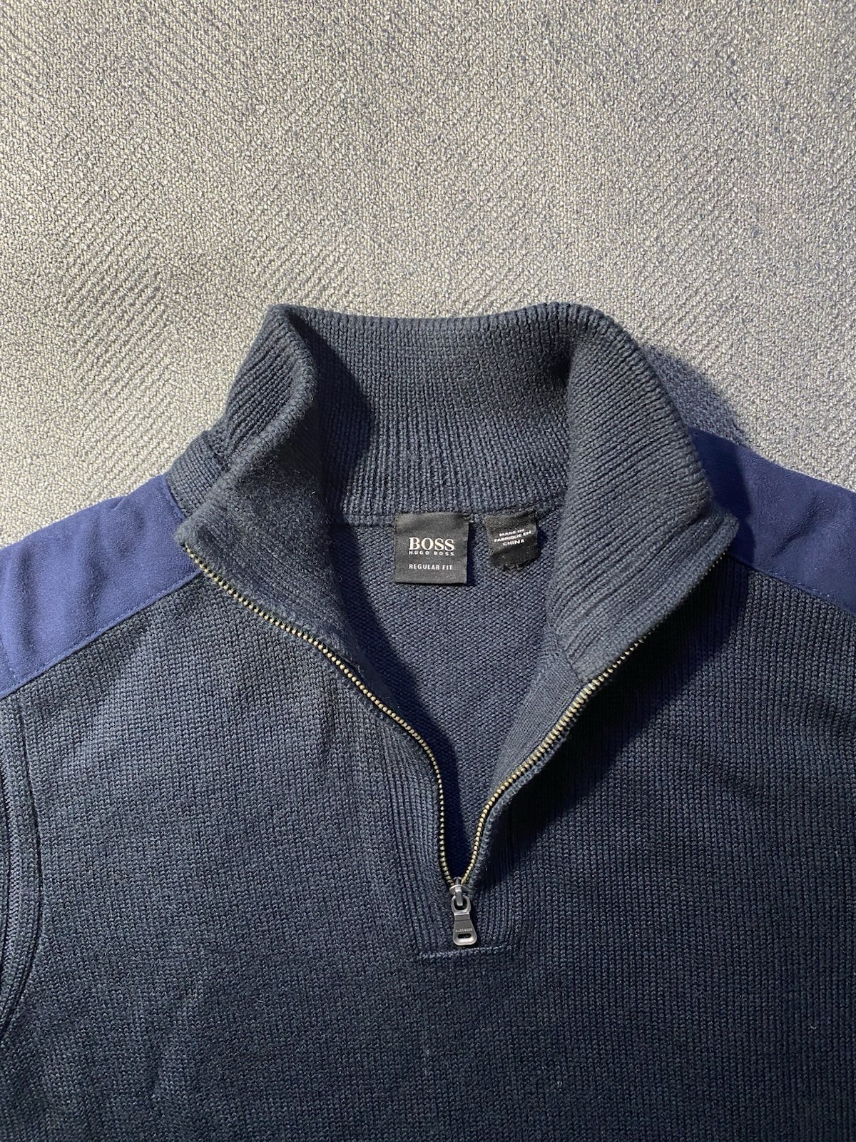 Hugo Boss Sweater Mens L Navy Quarter Zip Wool Elbow Patch Knit
