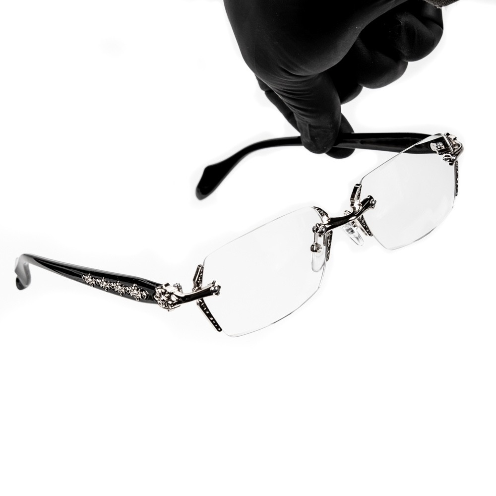 Retro Gothic Cross Style Edge Cut Rimless Clear Lens Silver Frame Eye Glasses