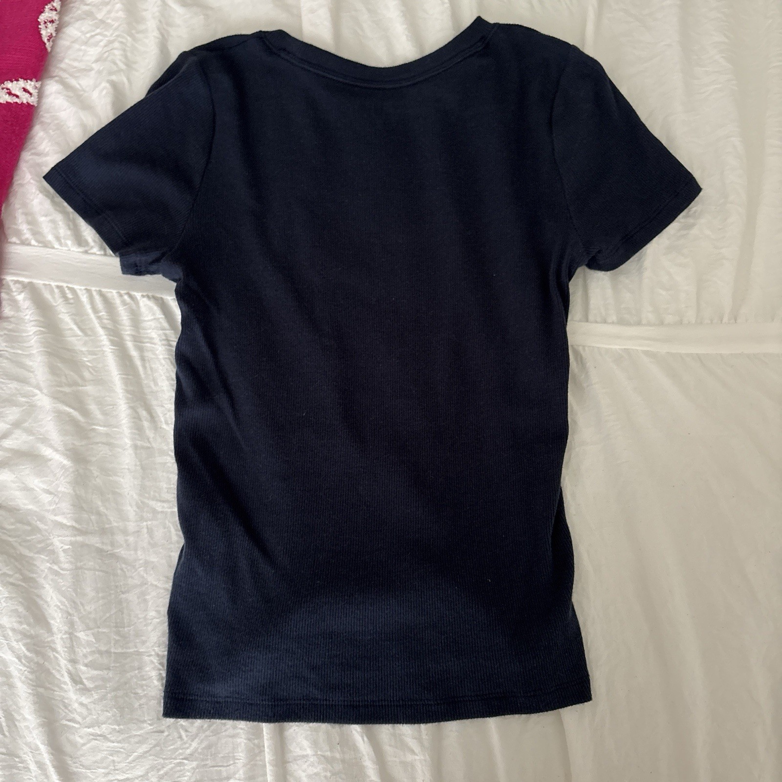 Hollister Womens Navy Ribbed Knit Tee Embroidered Teddy Bear NYC Crew Neck M