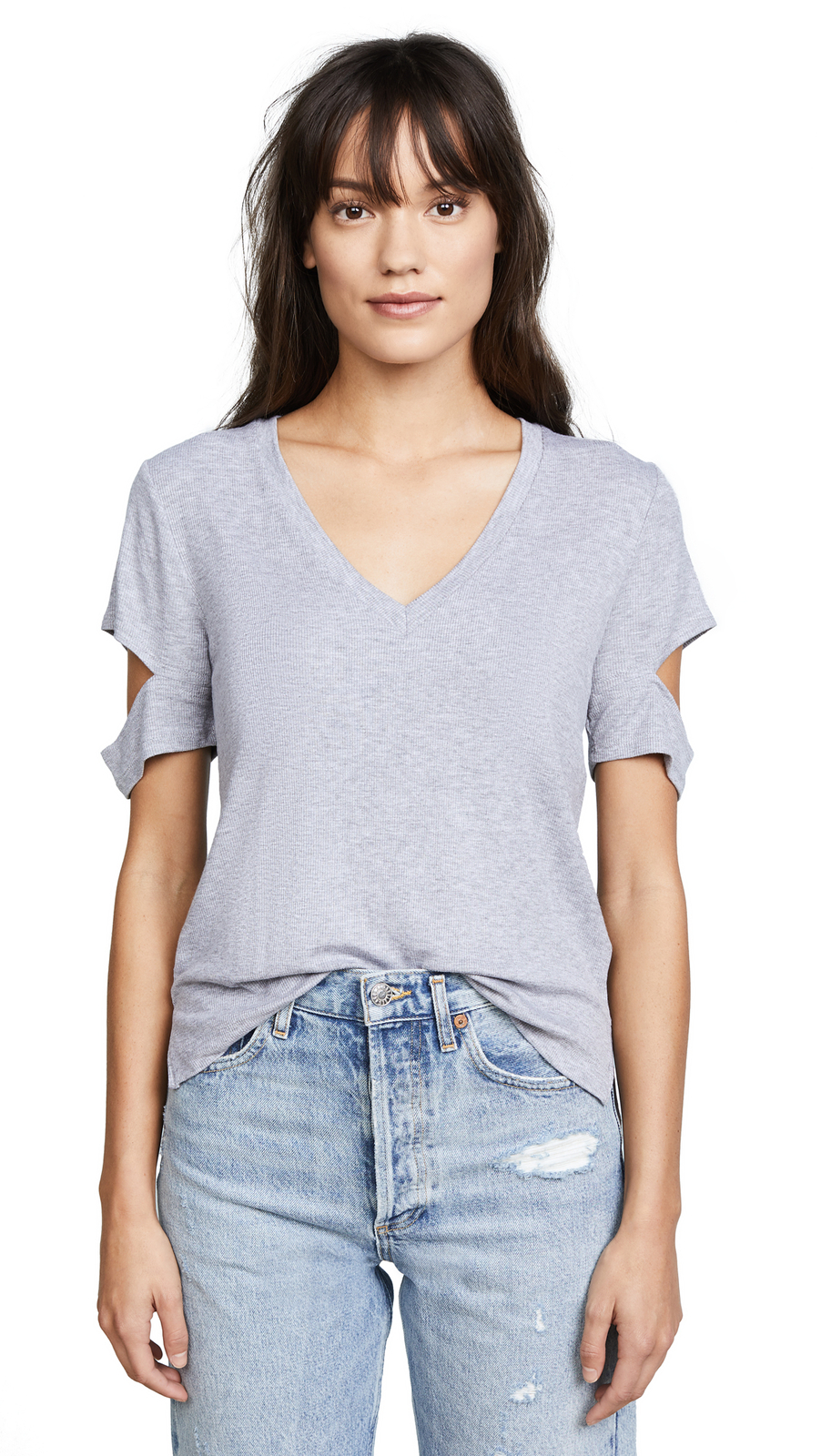 LNA NWT $90 Deep V Ribbed Esso Cut Out Short Sleeve Top in Heather Grey Sz XS