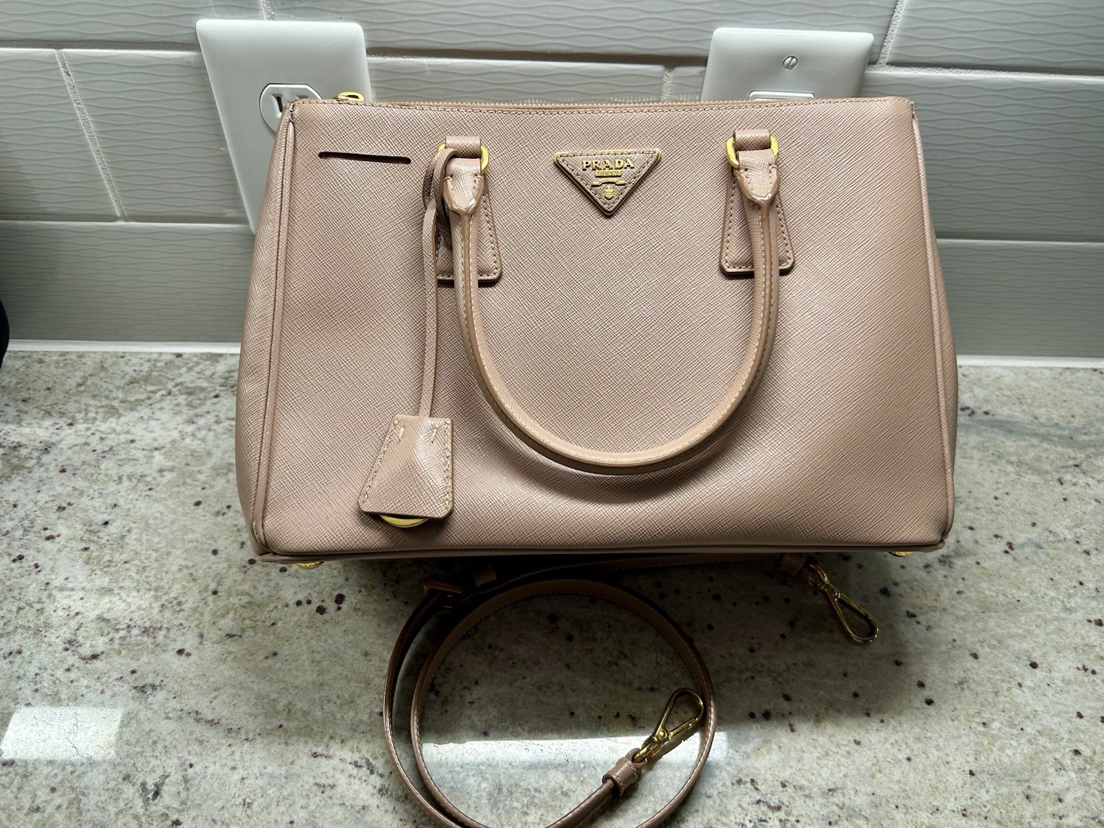 PRADA Pink Galleria Saffiano Leather Top Handle Bag w/ Adjustable Strap, Gold