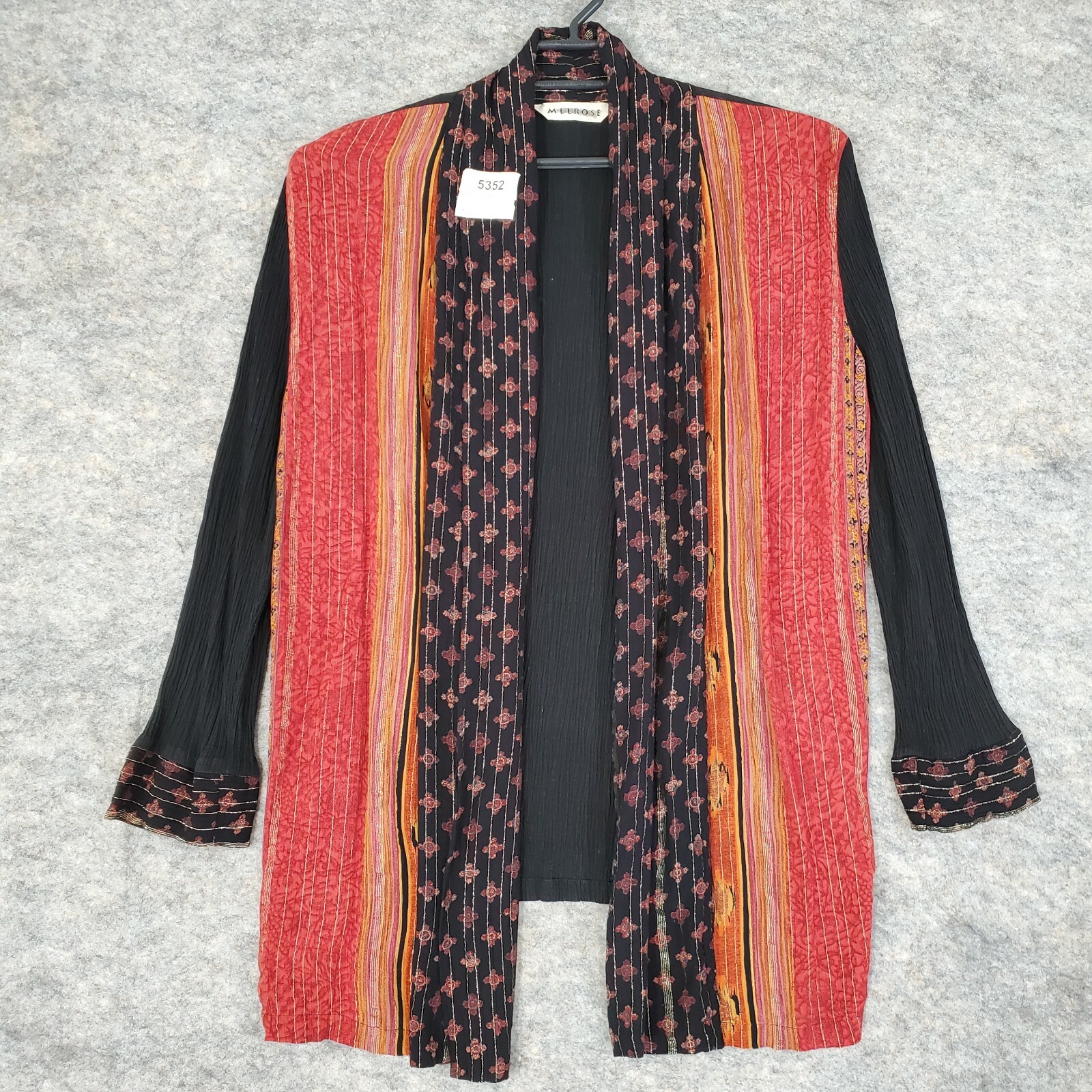 Melrose Jacket Womens Medium Open Front Stretch Crepe Black Orange Metallic Gold