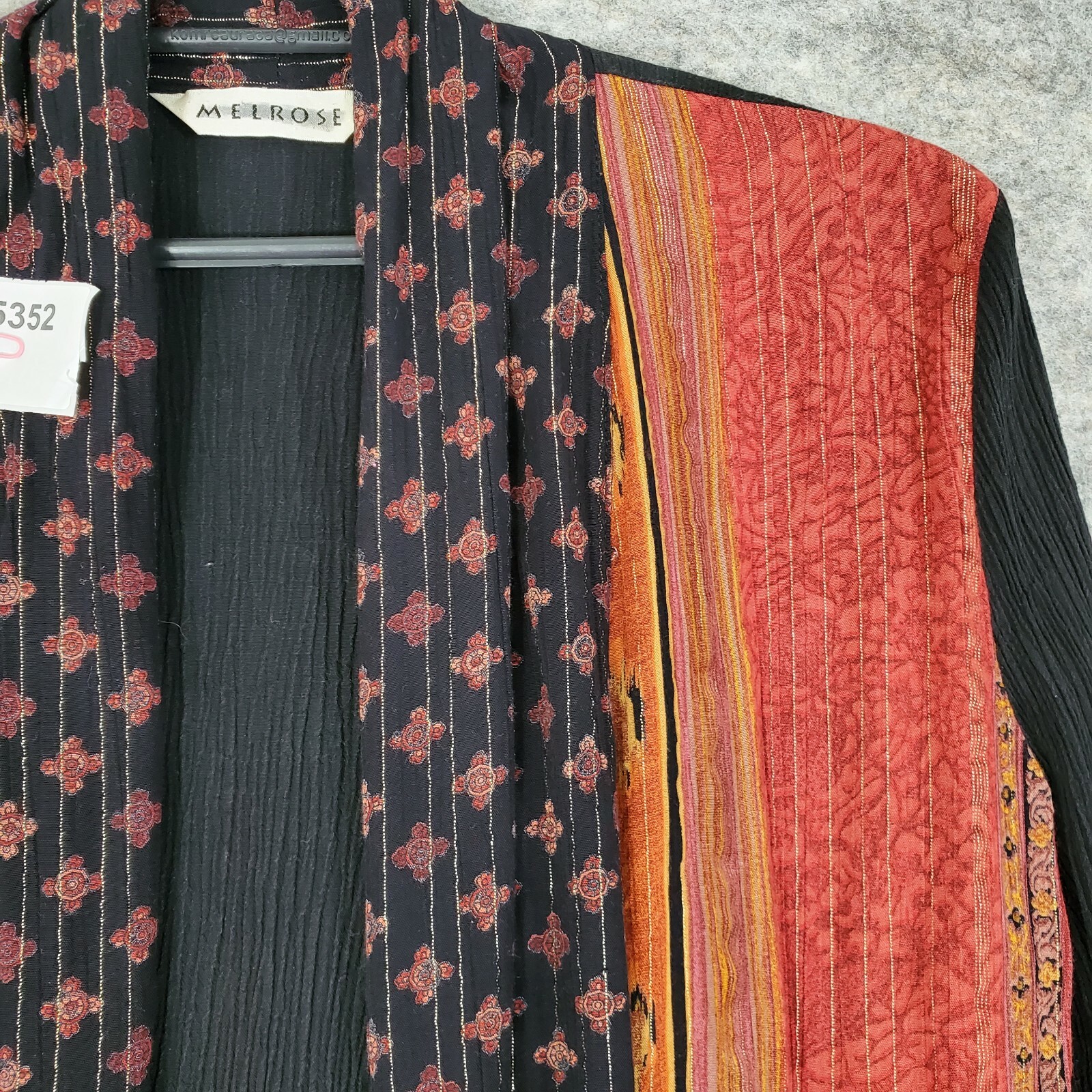 Melrose Jacket Womens Medium Open Front Stretch Crepe Black Orange Metallic Gold