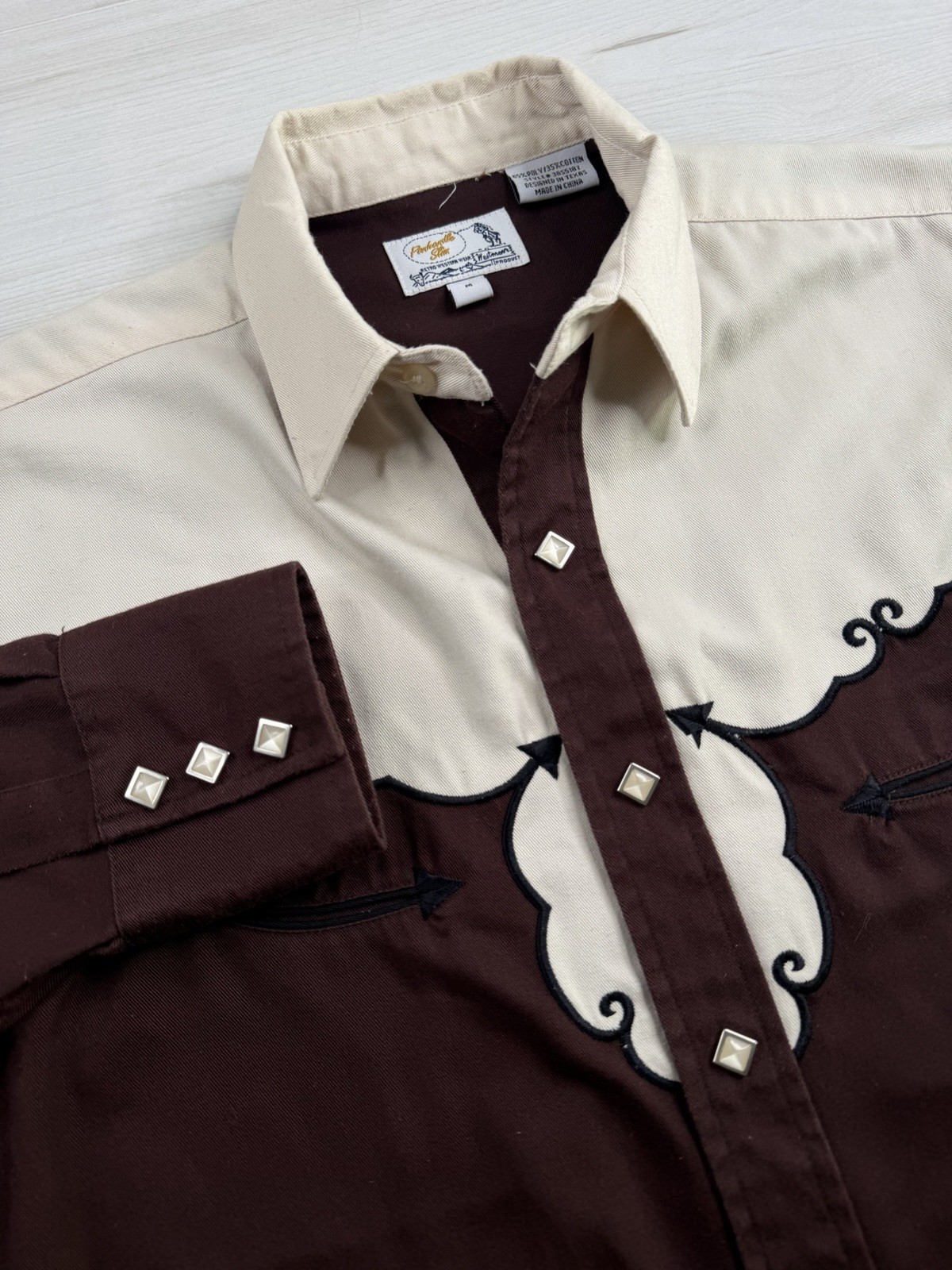 Vtg Panhandle Slim Retro Western Shirt Diamond Pearl Snap Brown Cream Mens M