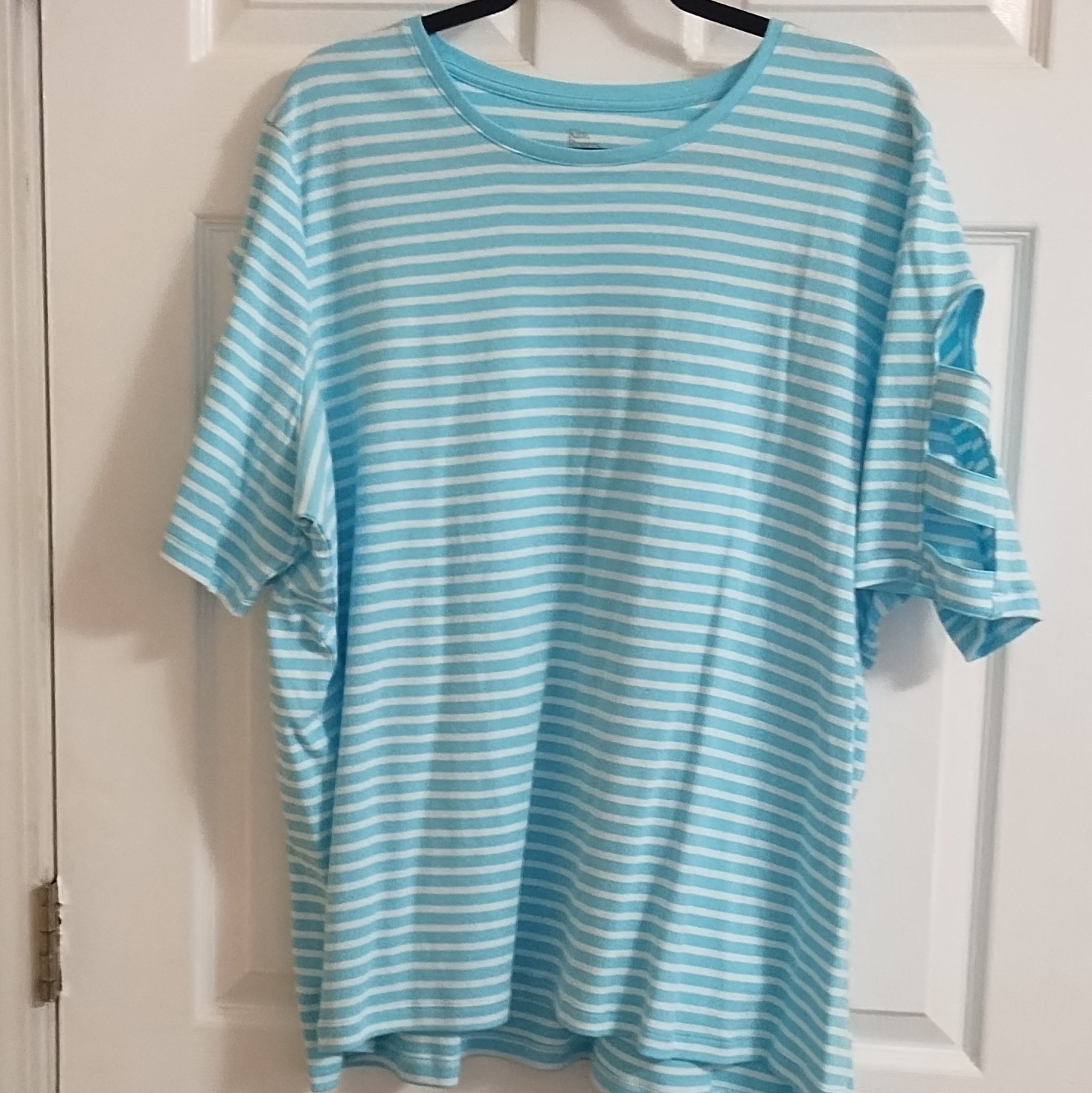 Kim Rogers Perfectly Soft Striped Cut-Out Sleeve Crew Tee 100% Cotton 3X