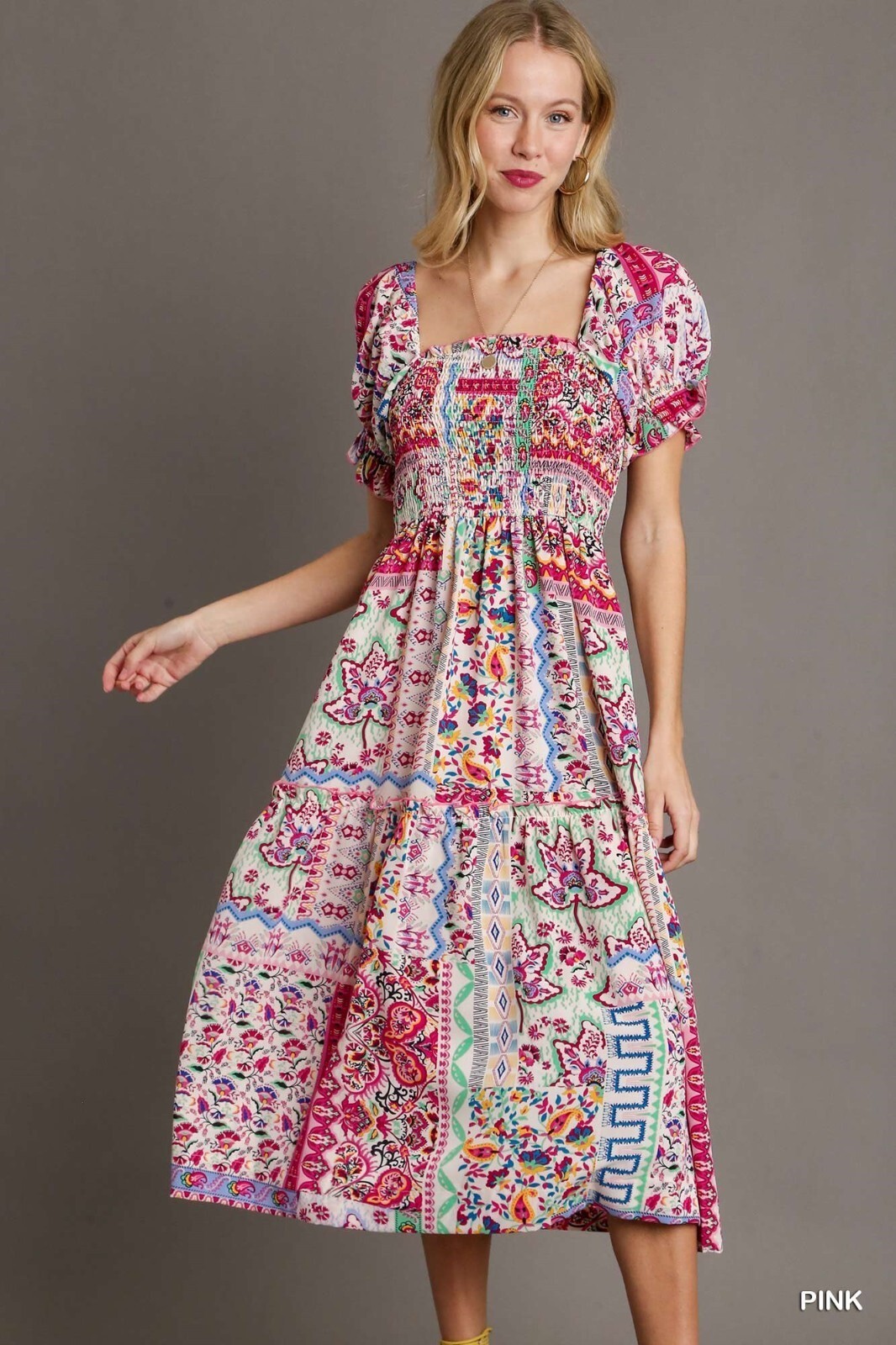 Umgee Mixed Print A-Line Squared Neck Dress Smocked Bodice & Short Puff Sleeves
