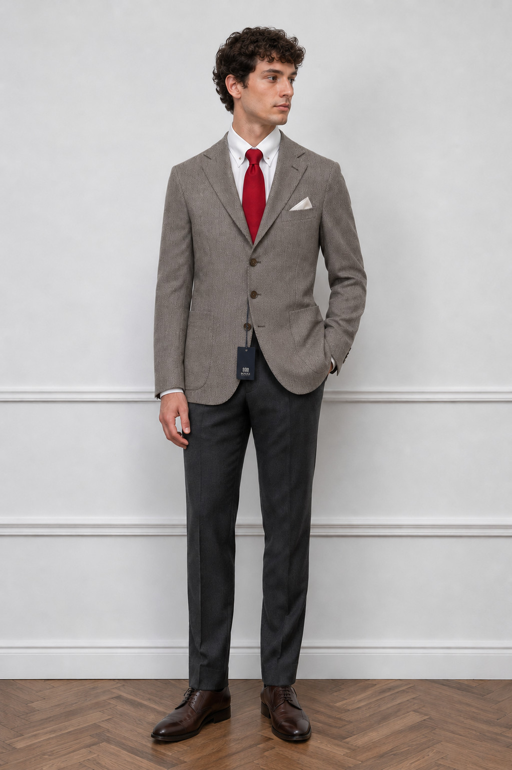 Men Boggi Milano Blazer 100% Linen Brown Herringbone Formal Half Linen Size US46