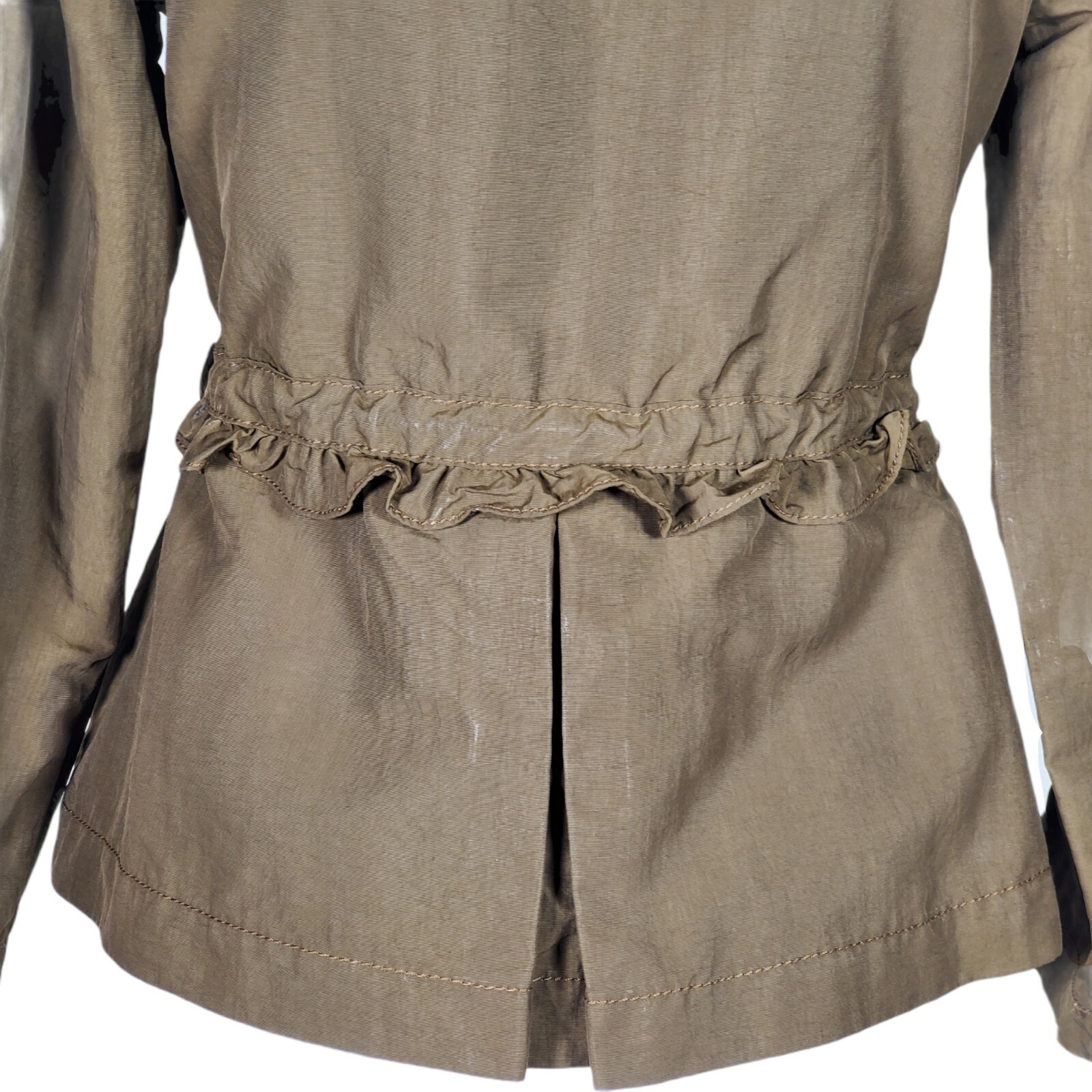 LOFT Bomber Jacket Coat Olive Green Army Ruffle Cinched Adjustable Wasit