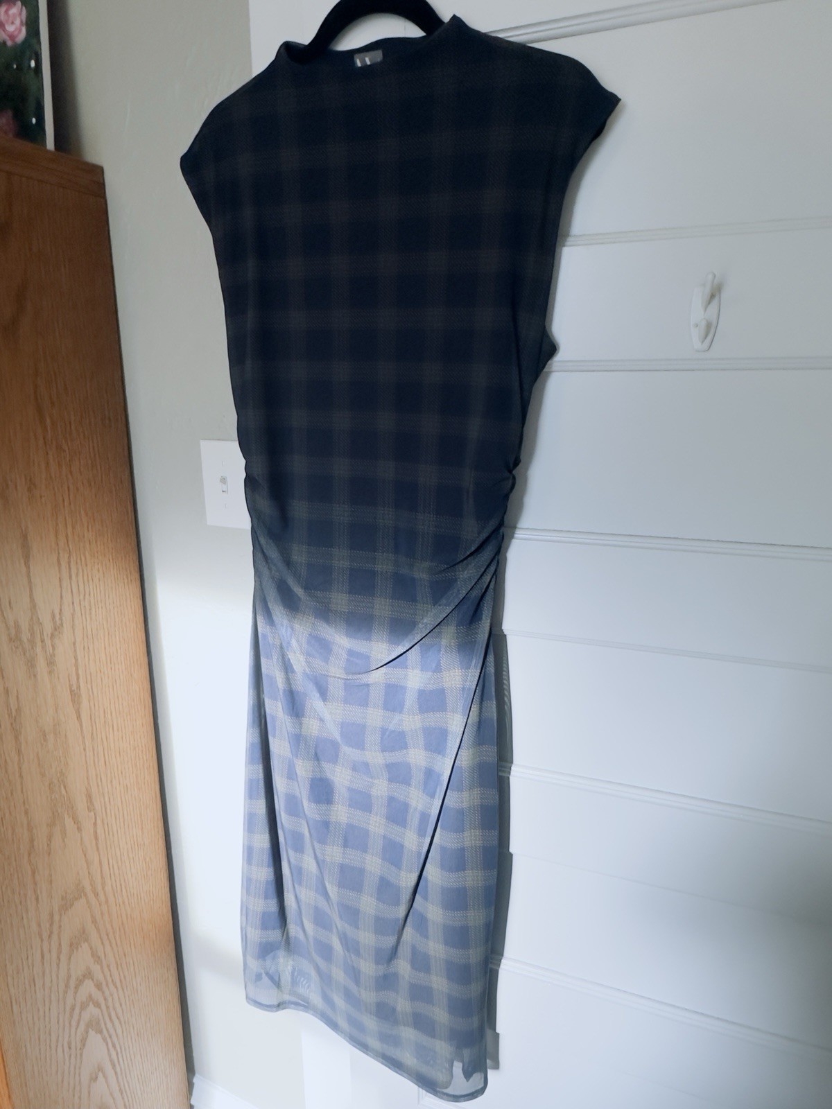 Worthington Women’s L Blue Gray Plaid Midi Dress Boat Neck Cap Sleeve