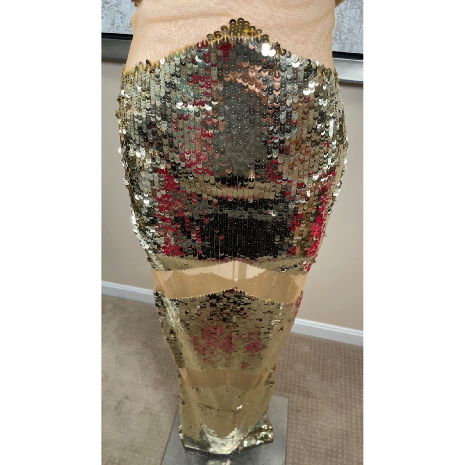 RETROFETE Kaeli Sequin Embellished Sheer Gold Maxi Dress Size Small