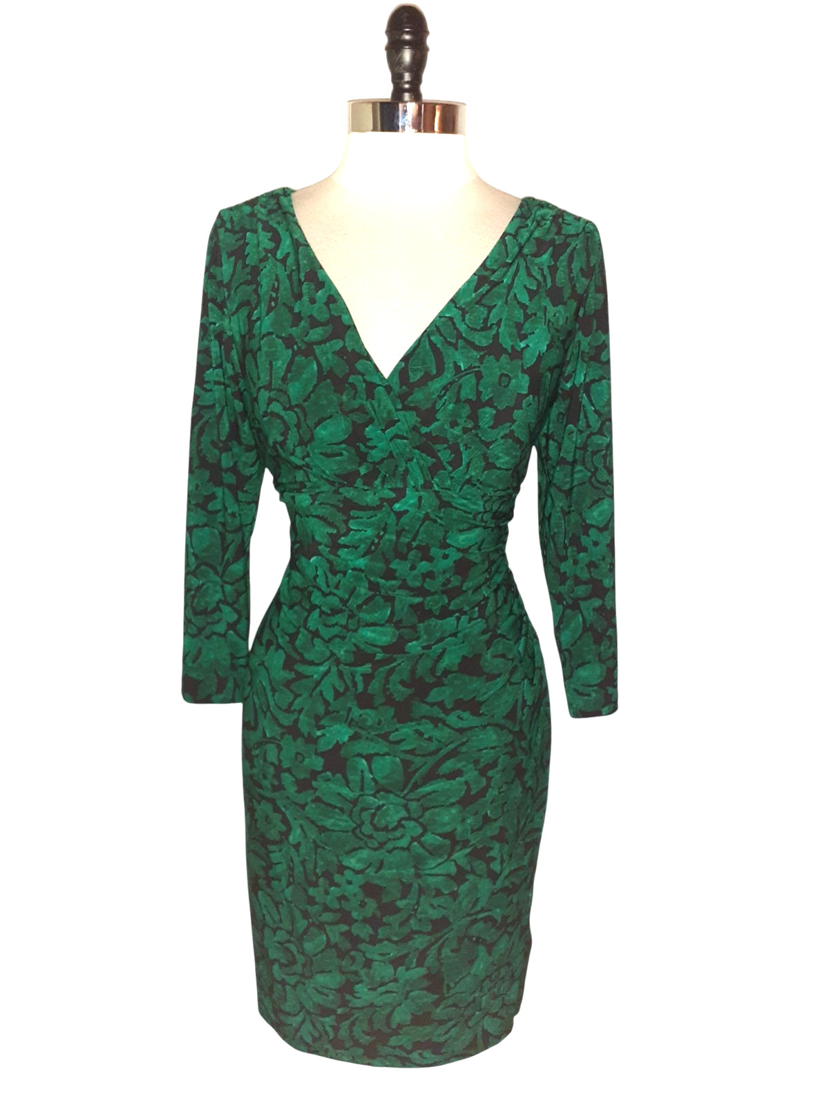 LAUREN RALPH LAUREN Size 14 Sheath Dress Green Black Floral 3/4 Sleeve Stretch