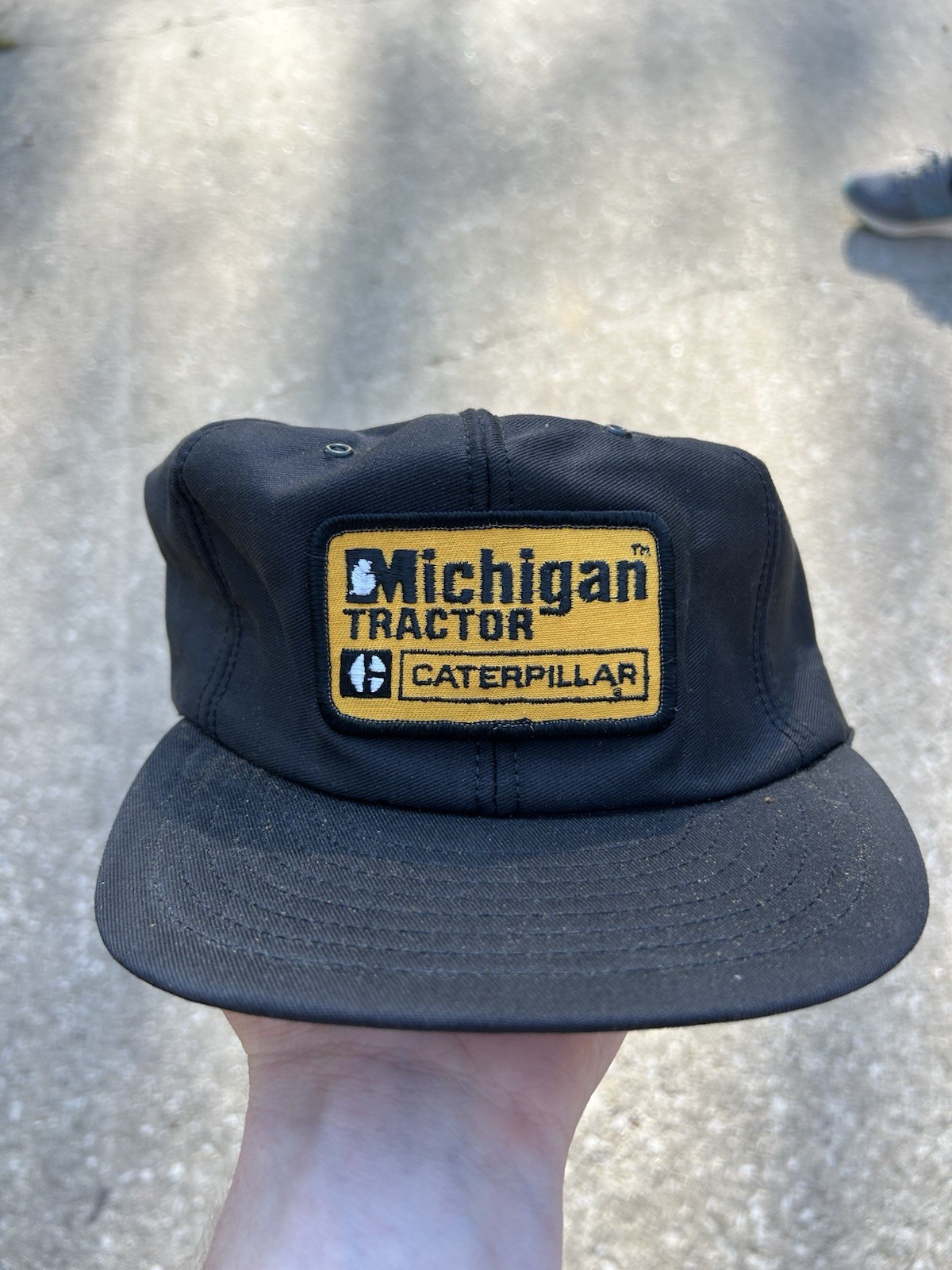 Michigan tractor Caterpillar black corduroy hat Louisville Mfg Co Vintage