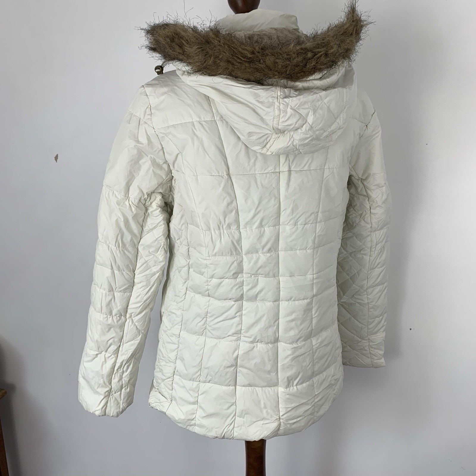 Tommy Hilfiger Quilted Jacket Womens Large White Hood Faux Fur Trim Winter Coat